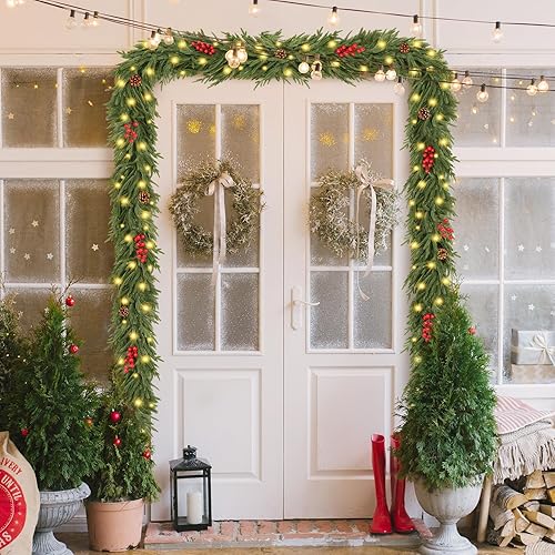Miniatura 8 de 2 guirnaldas artificiales de pino Norfolk de 6 pies, guirnalda de pino de invierno de tacto real, guirnalda verde artificial para manto, mesa,