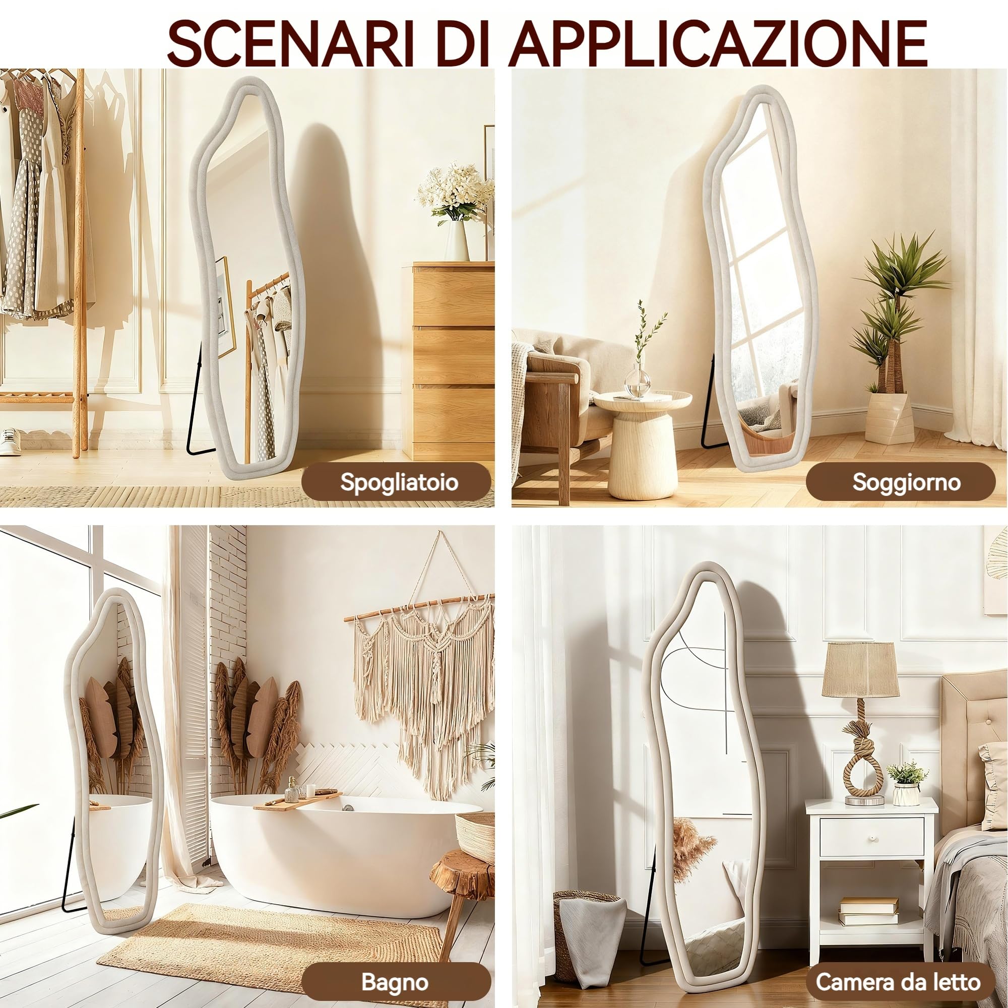 Specchio intero 160 x 50 cm, asimmetrico curvo, con cornice in tessuto di velluto, grande specchio da parete per soggiorno, camera da letto, sospeso/in piedi (bianco A, 160 x 50)