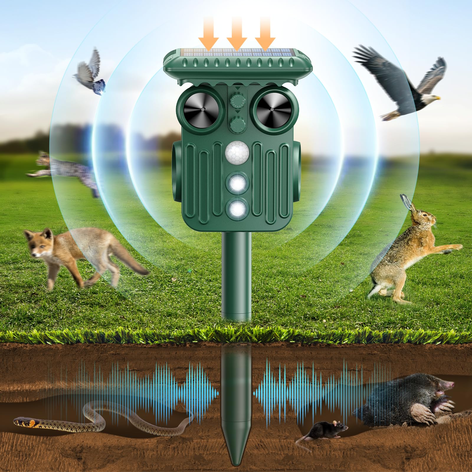 FEELNEEDY Pet Repellent, Wild Animal Repellent, Cat Repellent, Ultrasonic Cat Repellent, Mole Repellent, Solar Pigeon Repellent, Dog Repellent, IPX4 Waterproof for Outdoor Use in Lawns and Gardens