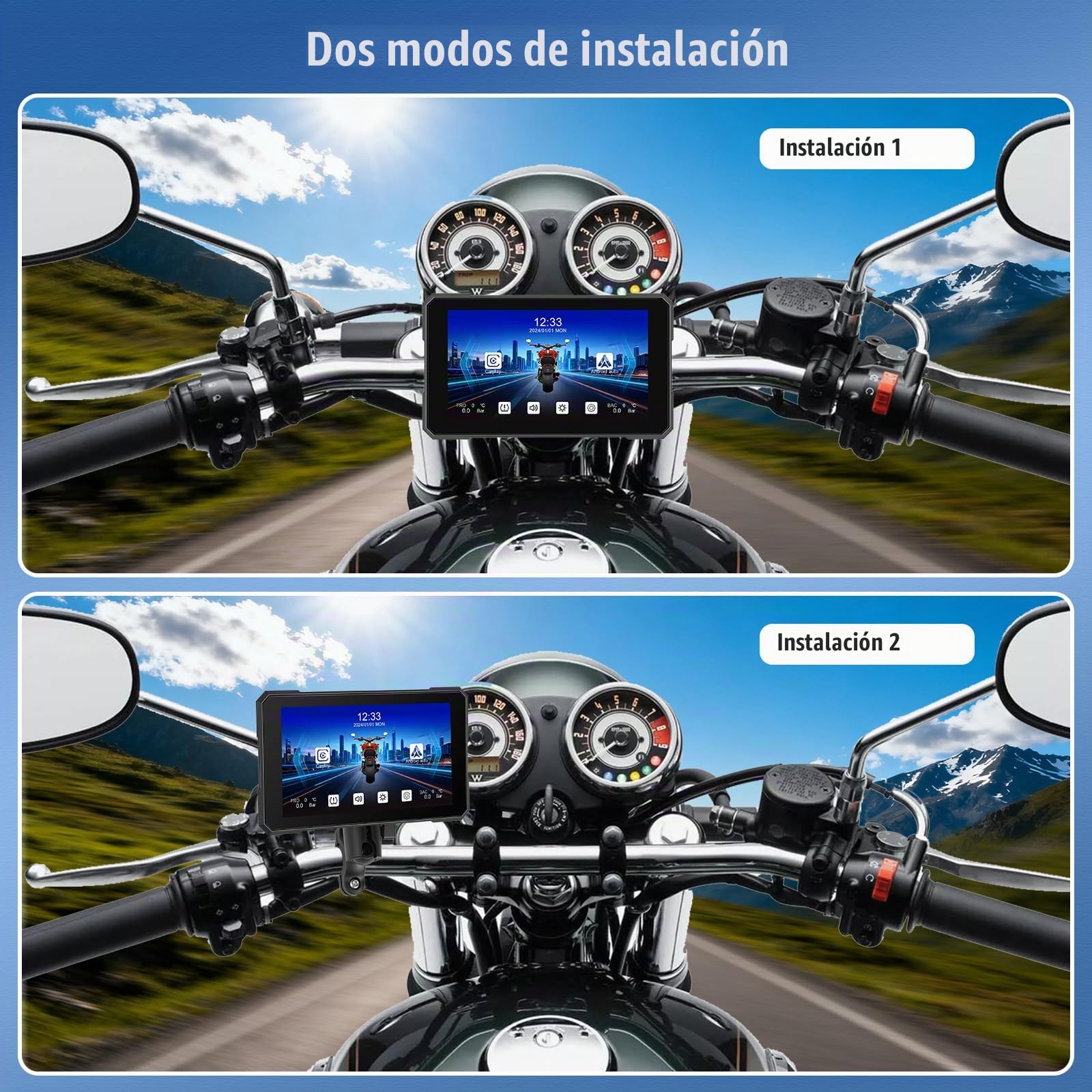 [2026 Nuevo] CAMECHO Pantalla Táctil de 5'' CarPlay Inalámbrico para Moto con Detección de Presión de Neumáticos, GPS Moto y Coche con CarPlay Inalámbrico Android Auto Bluetooth IP67 Impermeable 12V
