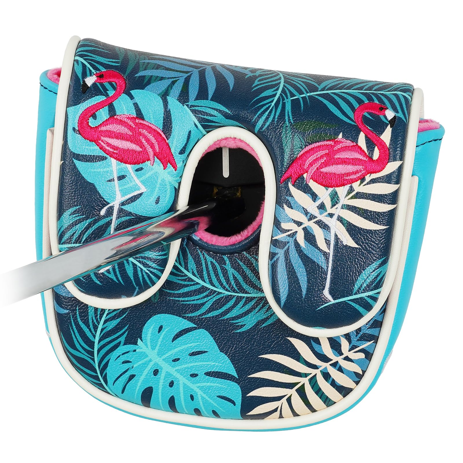 Golf Centre Shaft Mallet DF3 Putter Head Cover Headcover Magnetic Club Protector PU Leather Plant Leaves Printing Flamingo Embroidery