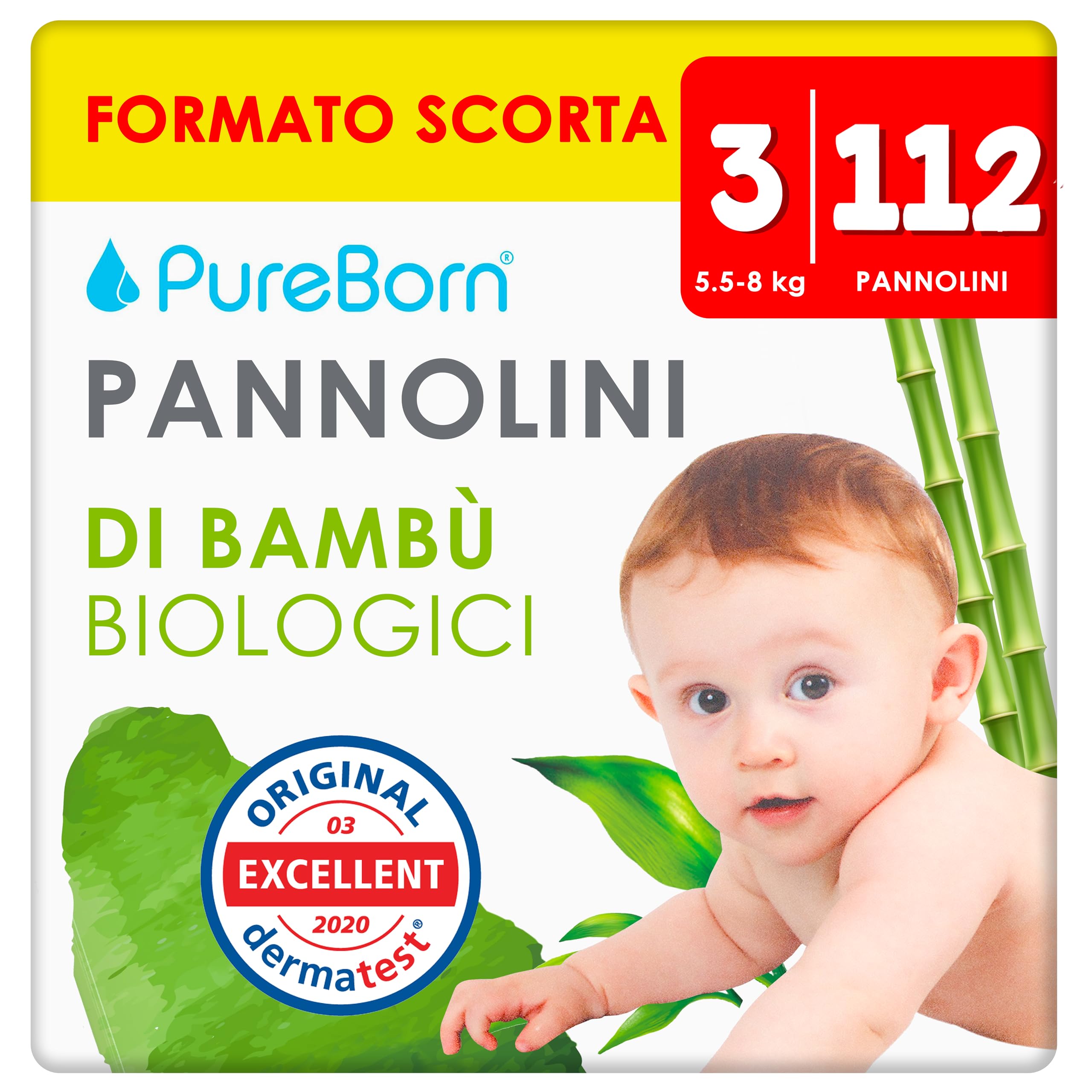 PureBorn 112 Pannolini Taglia 3 (5-8 kg), Ipoallergenico, Ultra assorbente, Pannolini 4-7mesi, Dermatologicamente testato, Protezione completa, pannolino di alta qualità naturali bambù