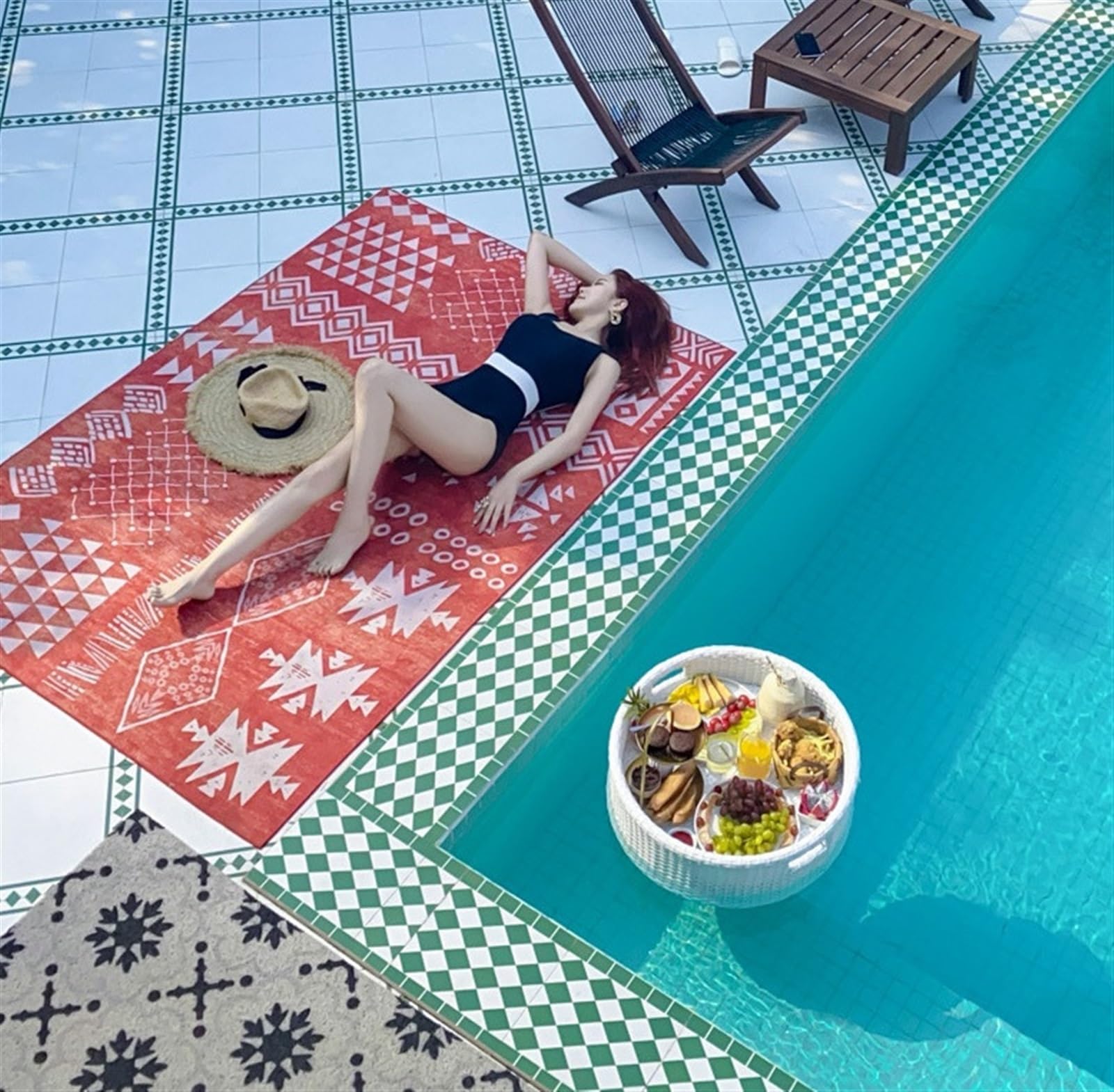 Taca na Basen, na lato plażę basen Taca Rattanowa, Okrągła, Pływająca, Stół I Bar Do Serwowania Napojów Przy Basenie Na Brunch Uchwyt na Napoje