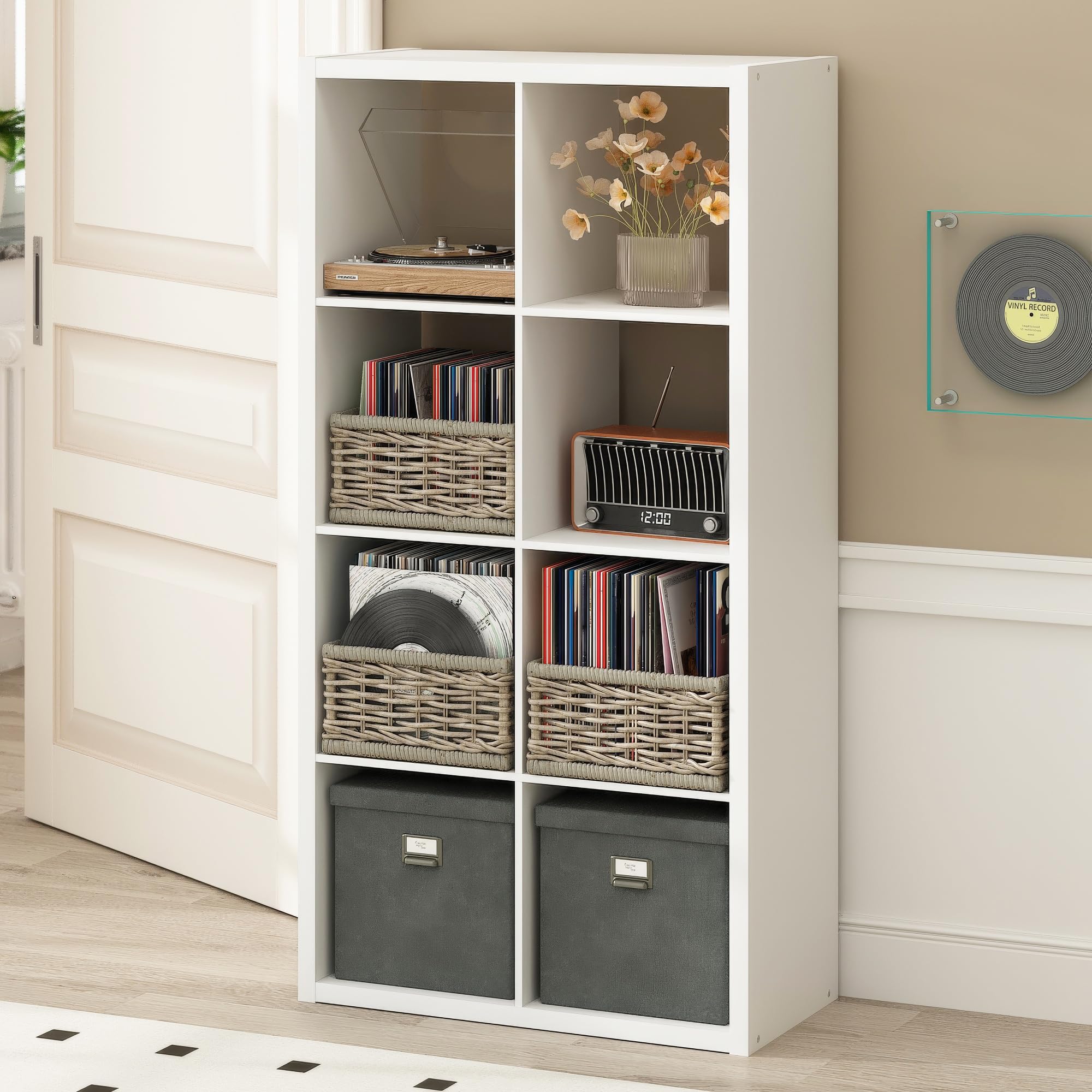 Furinno CUBICLE Mobile per Giradischi con Raccoglitore per Vinili, 8-Cube 1.2 Extra Spesso Raccoglitore per Dischi in Vinile, Scaffale Multimediale Aperto sul Retro per CD DVD Dischi, Bianco