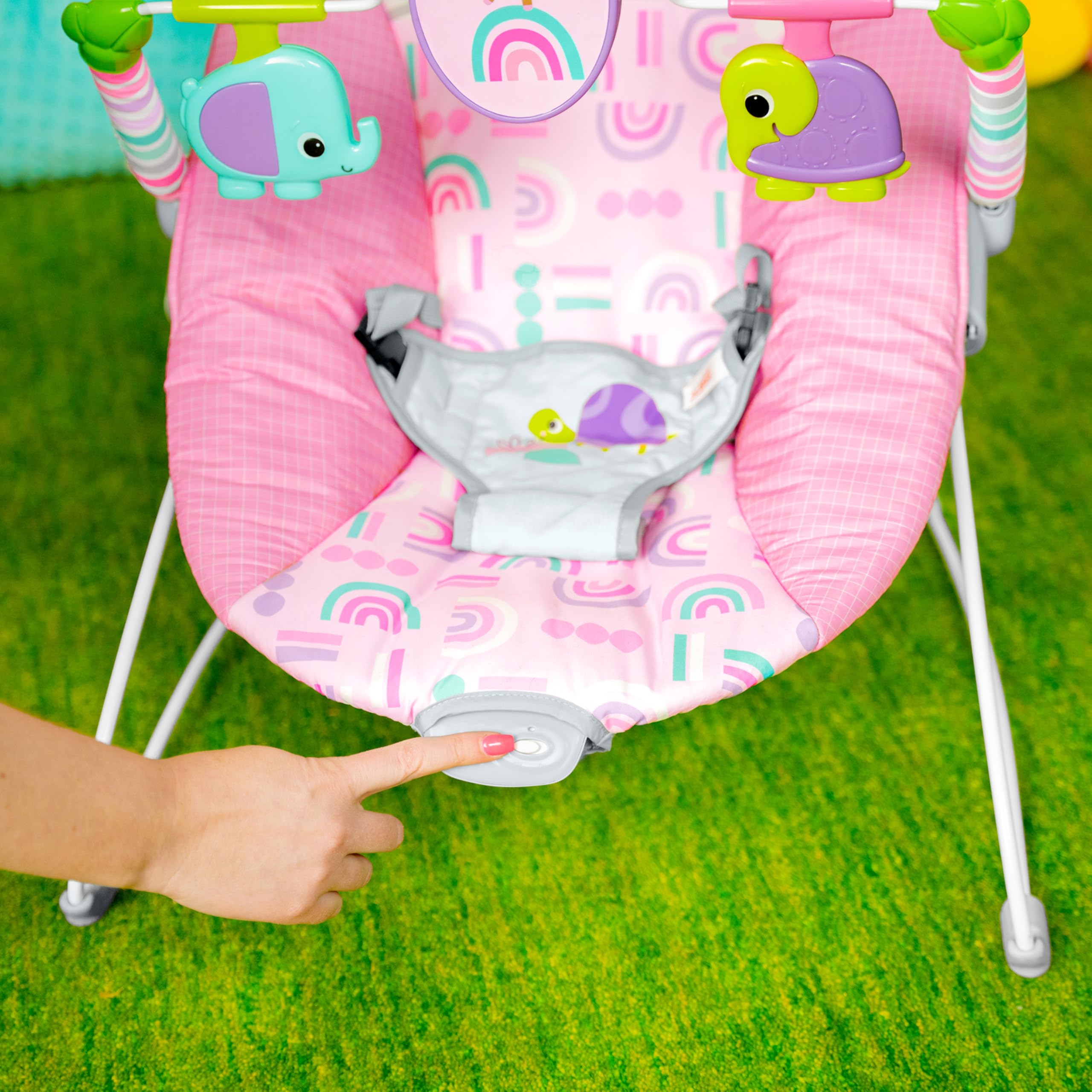 Bright Starts Transat Bébé Confortable avec Vibration Apaisante et Jouets, Unisexe, 0-6 Mois (Pink Paradise, Rose)