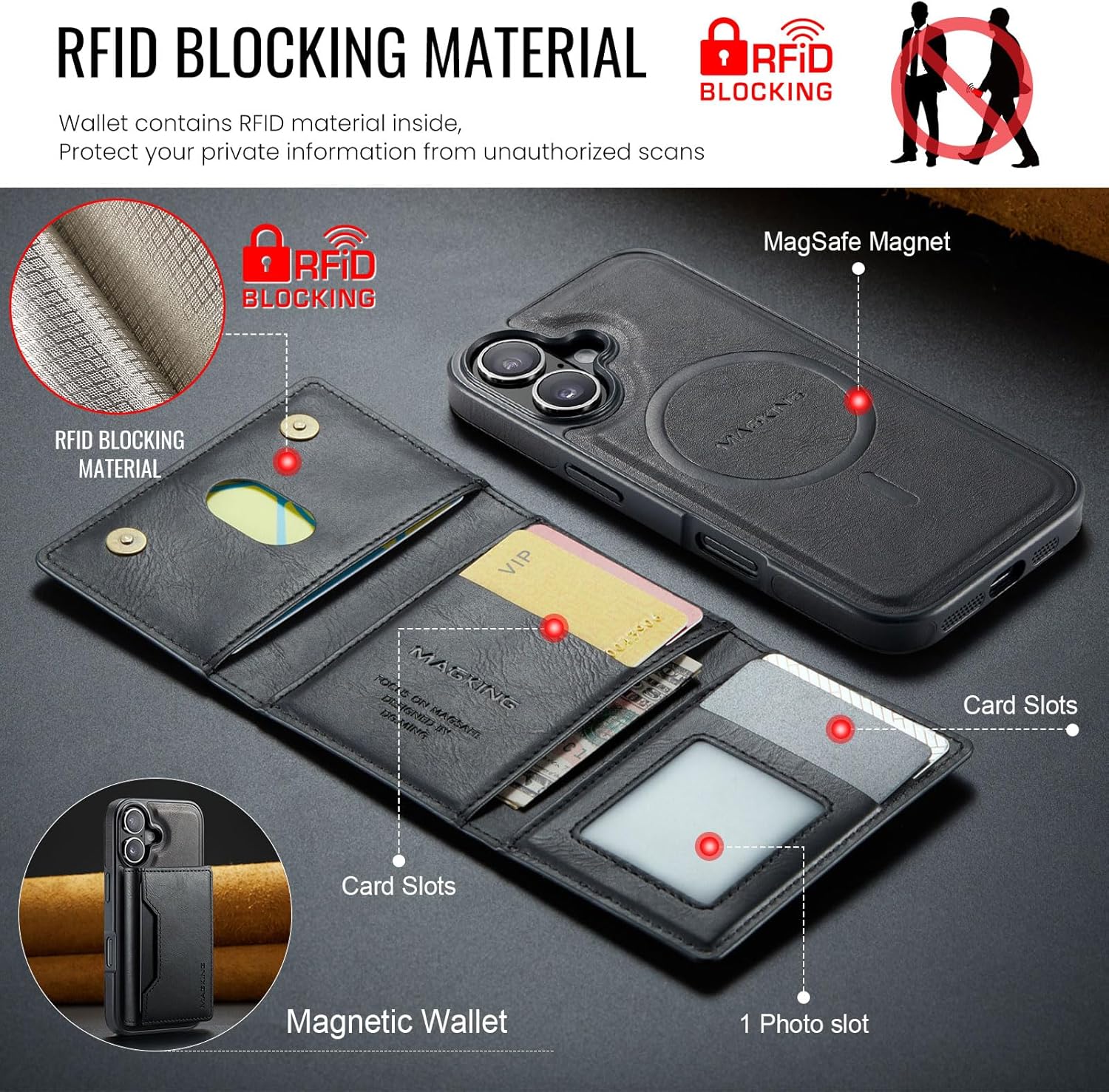 SZHAIYU K2 2 in 1 Detachable Magnetic Phone Cases Compatible with iPhone 17 Case with Card Holder RFID Blocking, Compatible with Magsafe Wallet, Leather 6.3'' (Black, iPhone 17) - Image 5