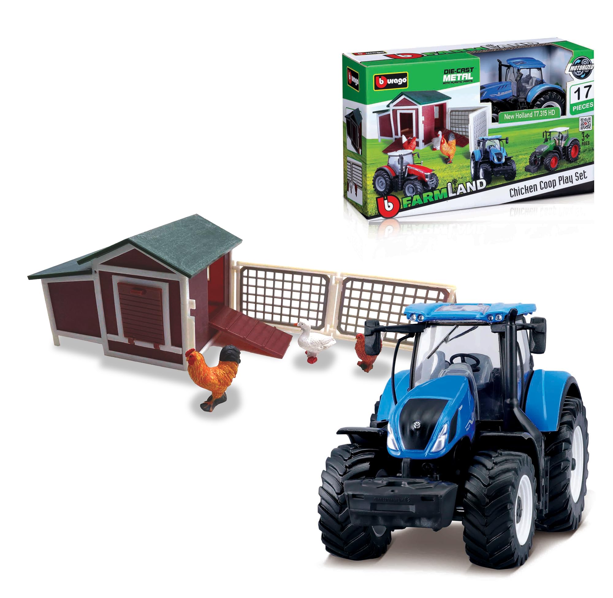 Bburago B18-31681 FARMLAND PLAYSET Chicken COOP with Die-Cast New Holland Tractor Vehicle, Multiple