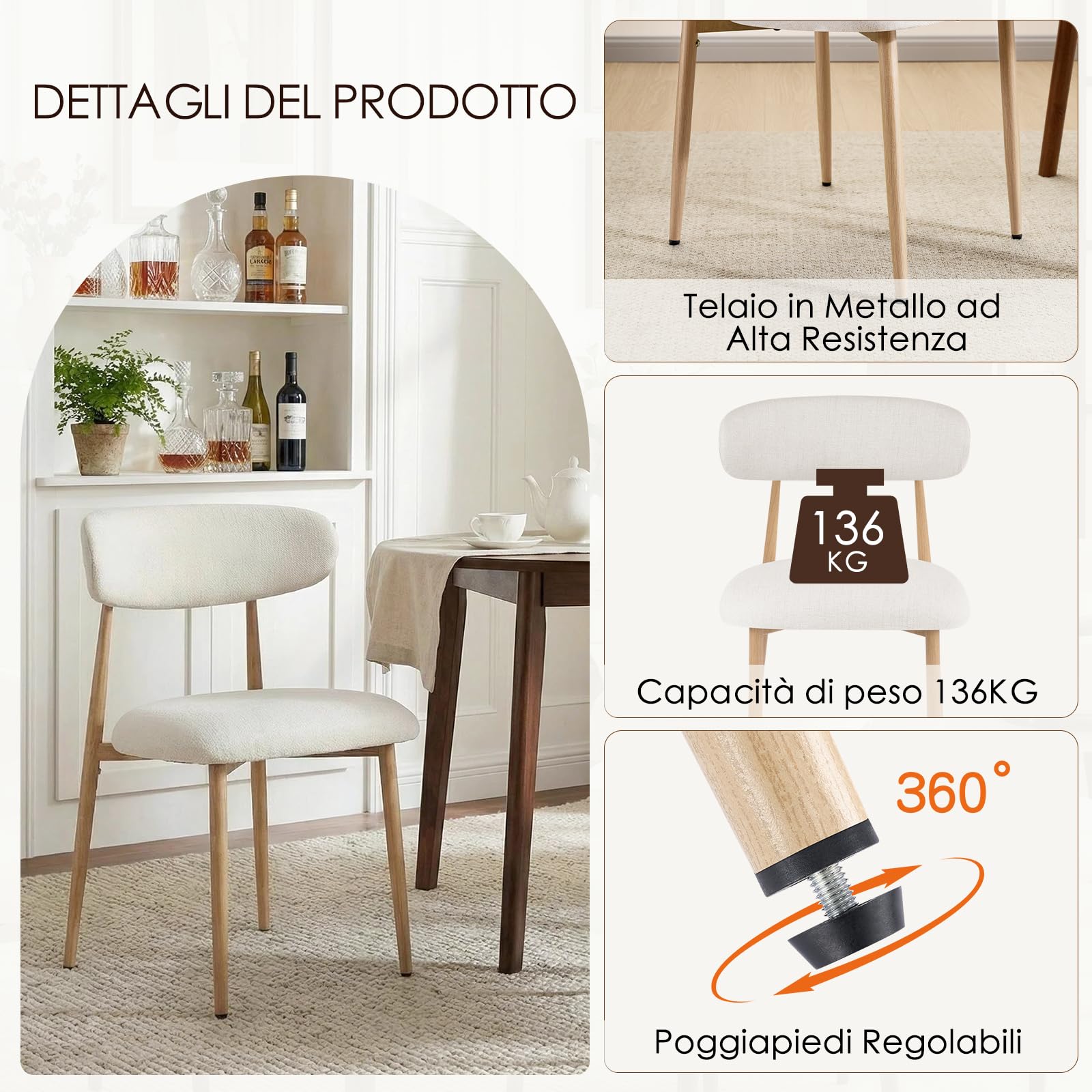 Set di 4 Sedie da Pranzo, Sedie da Cucina in Lino, Poltrone da Salotto con Gambe in Metallo, Sedia Imbottita Sala da Pranzo per Sala da Pranzo Cucina Soggiorno Camera da Letto, Beige