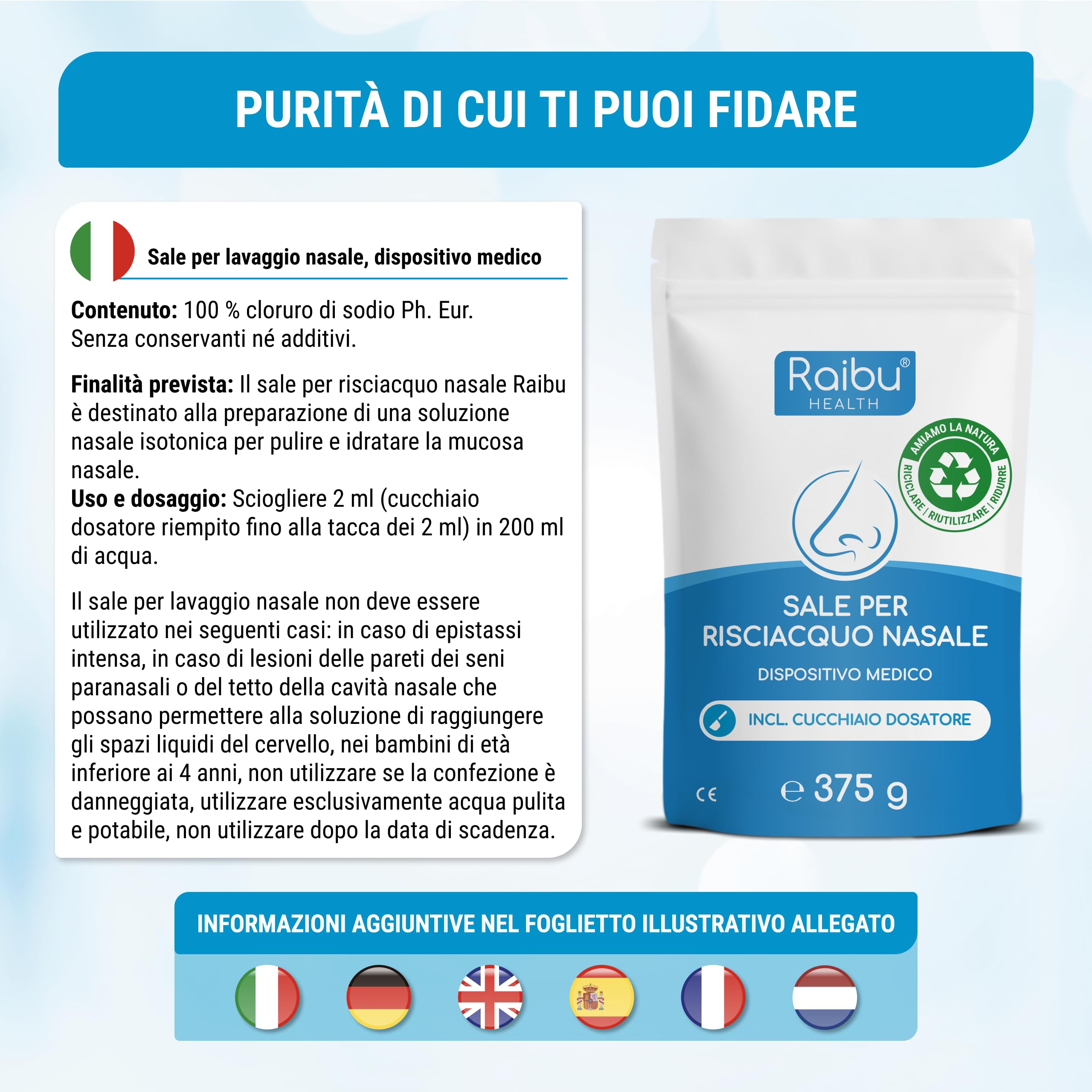 Raibu Fisiologico per Lavaggi Nasali - 150 Porzioni (XXL) I Con Misurino Dosatore I Sale Lavaggio Nasale, Irrigazione del Naso, Neti Lota