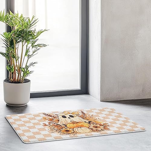 Miniatura 7 de JINYO Tapete de Halloween con diseño de fantasma, diseño floral de otoño, para interiores y exteriores, entrada, porche, 70, retro, naranja, a