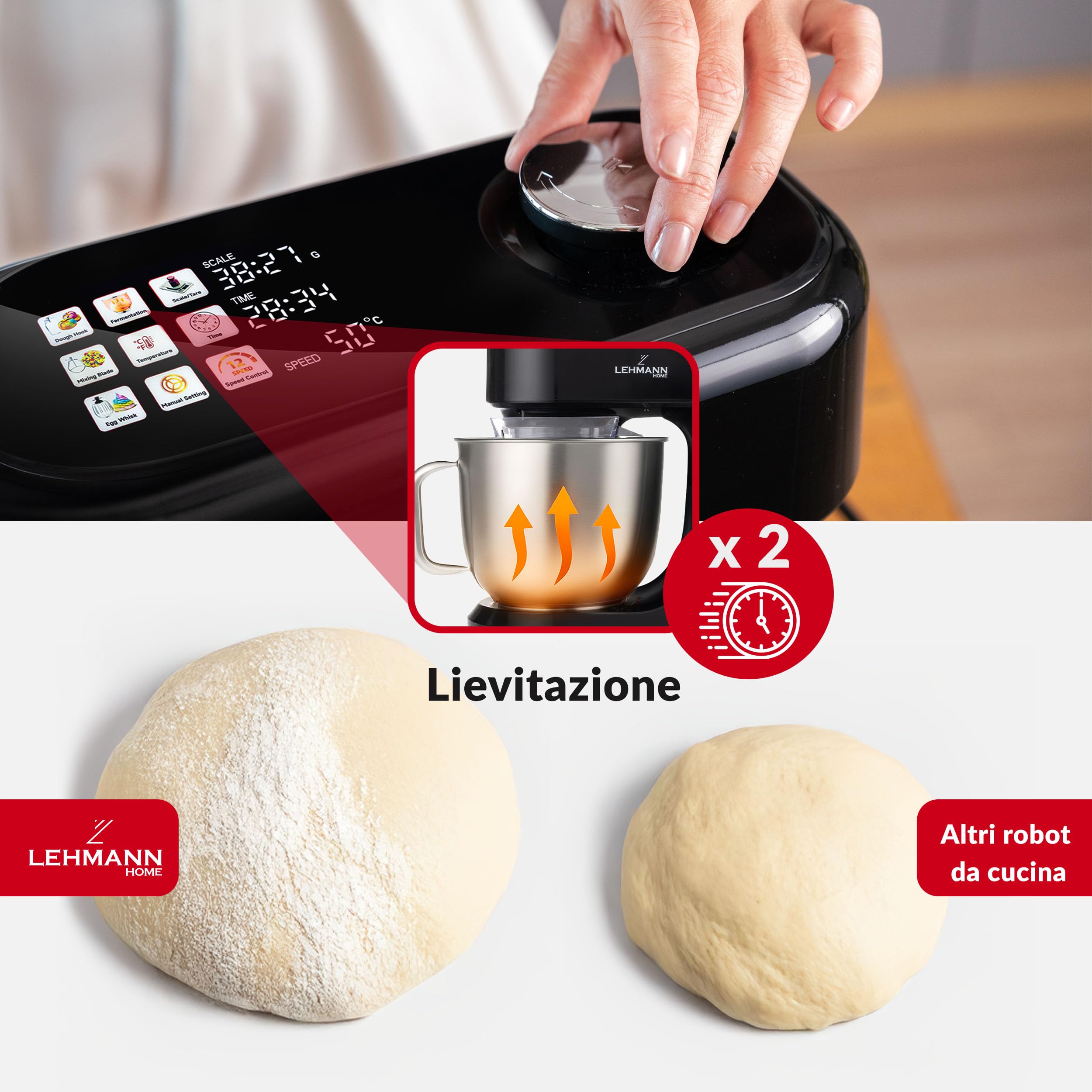 LEHMANN Impastatrice Planetaria Multifunzione con Display, Funzione di Fermentazione e Riscaldamento, Bilancia Integrata, 12 Velocità, Timer, con Ciotola 5 L, Frusta, Gancio Impastare, Mescolatore