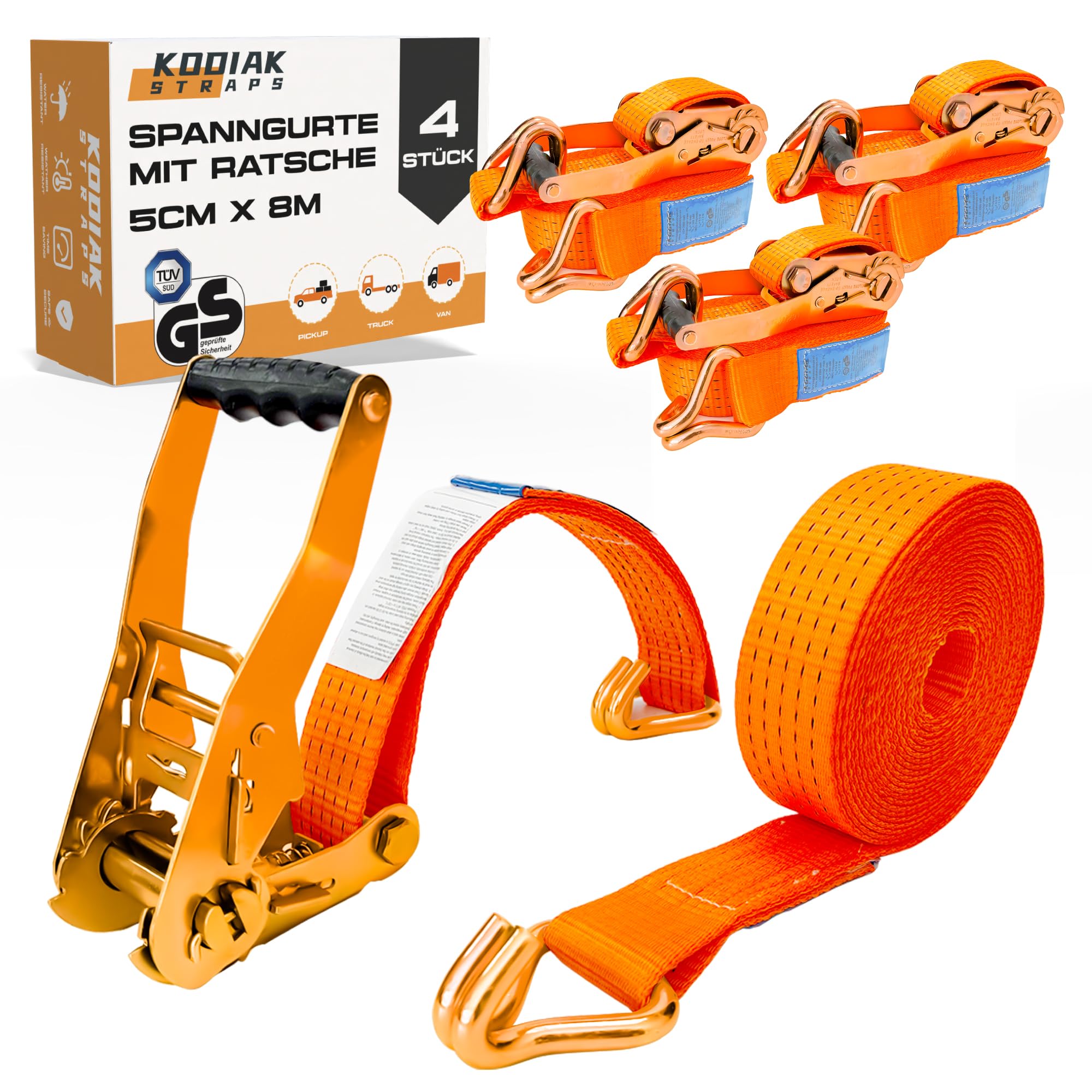 4 Cinghie di Tensione 8m x 4000kg con Cricchetto e Ganci - Cinghie a Cricchetto da 50mm - Cinghia Arancione per la Sicurezza del Carico - Certificato TÜV/GS e secondo DIN EN 12195-2 - KODIAK STRAPS