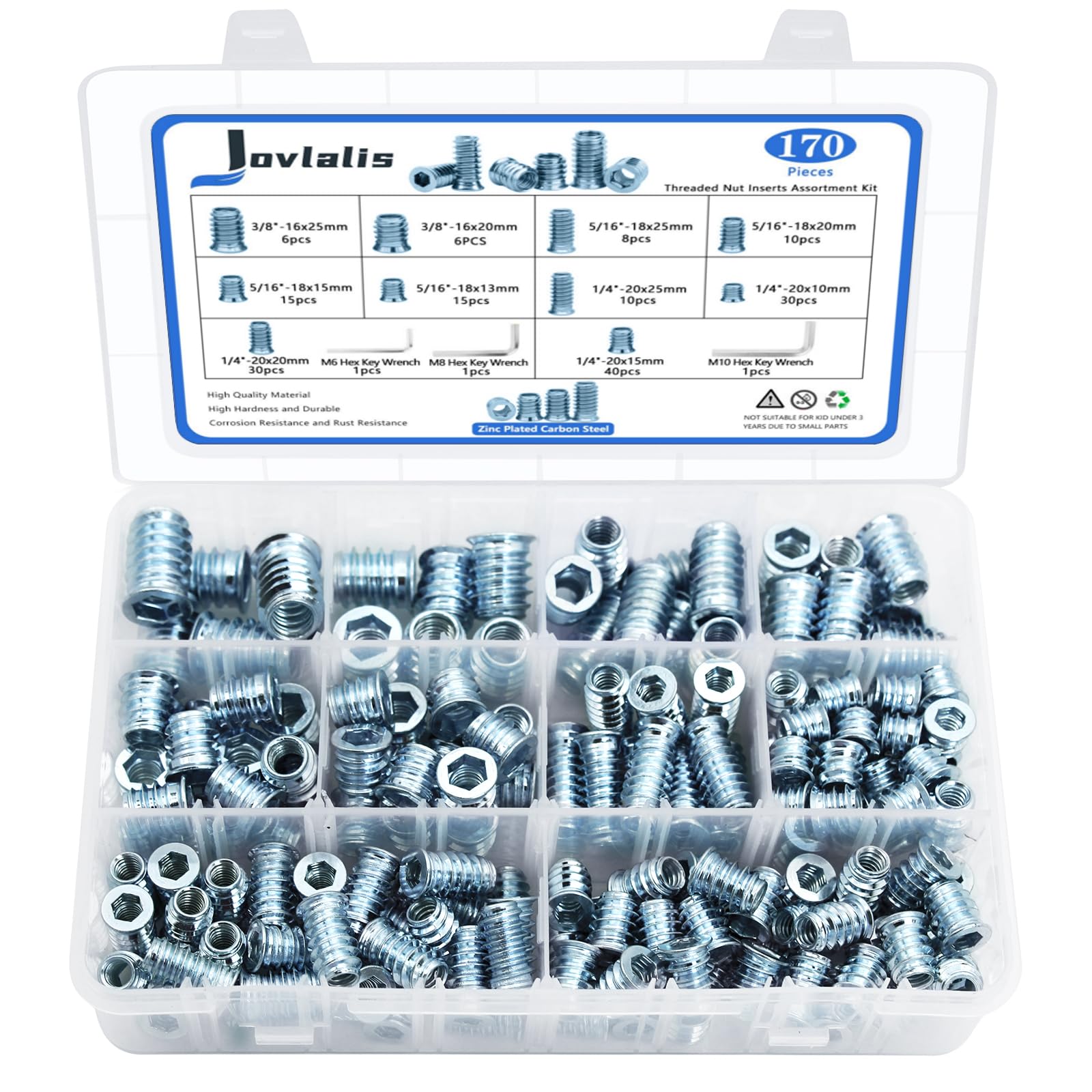 170 PCS Threaded Inserts Nuts, Wood Inserts Assortment Kit, Steel Threaded Inserts for Wood Furniture Screw 10 Sizes-1/4-20, 5/16"-18, 3/8"-16