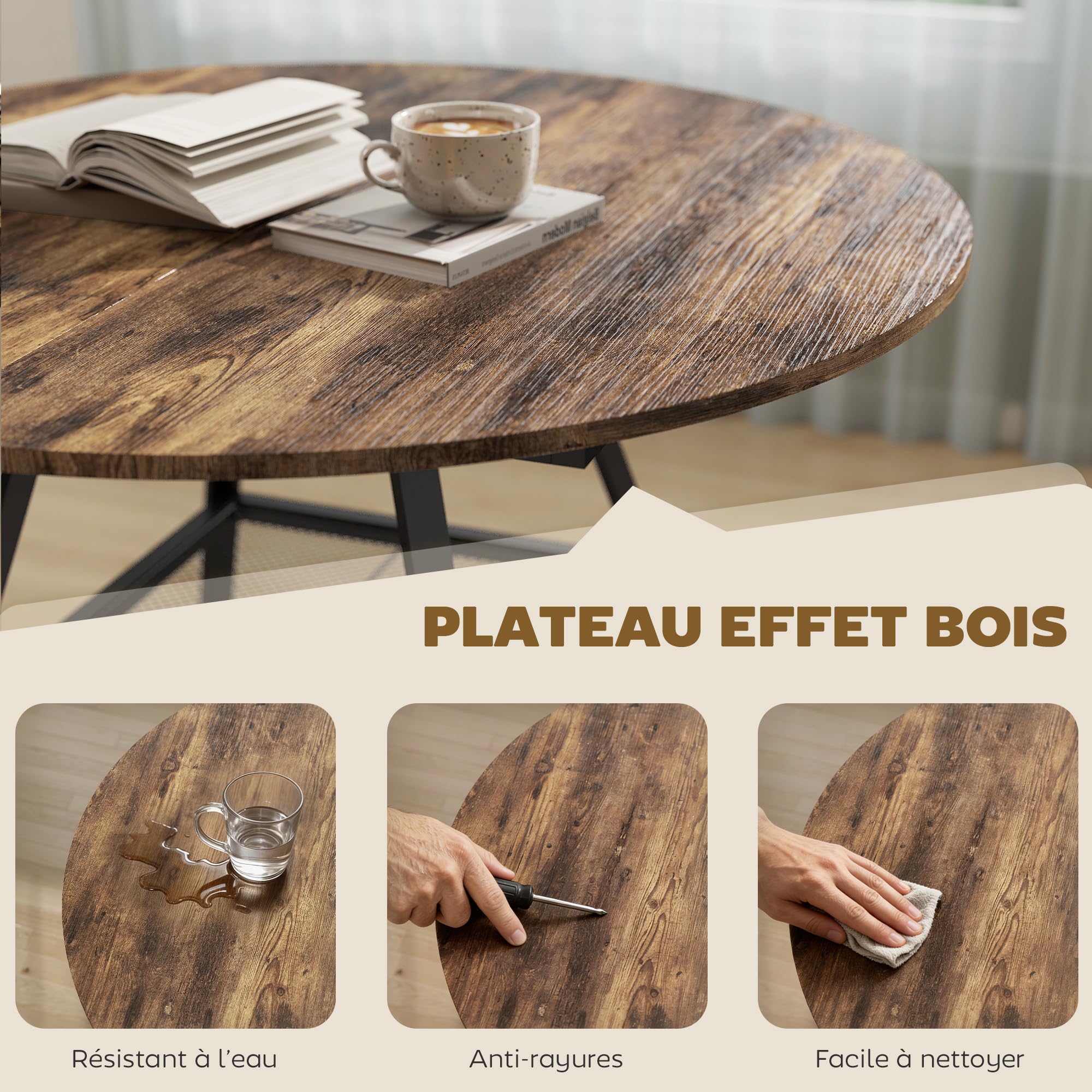 HOMCOM Table à Manger Ronde pour 4 Personnes avec Large Plateau et étagère de Rangement, Table de Cuisine Industrielle, Cadre en métal, Ø 100 x 76 cm, Brun Rustique