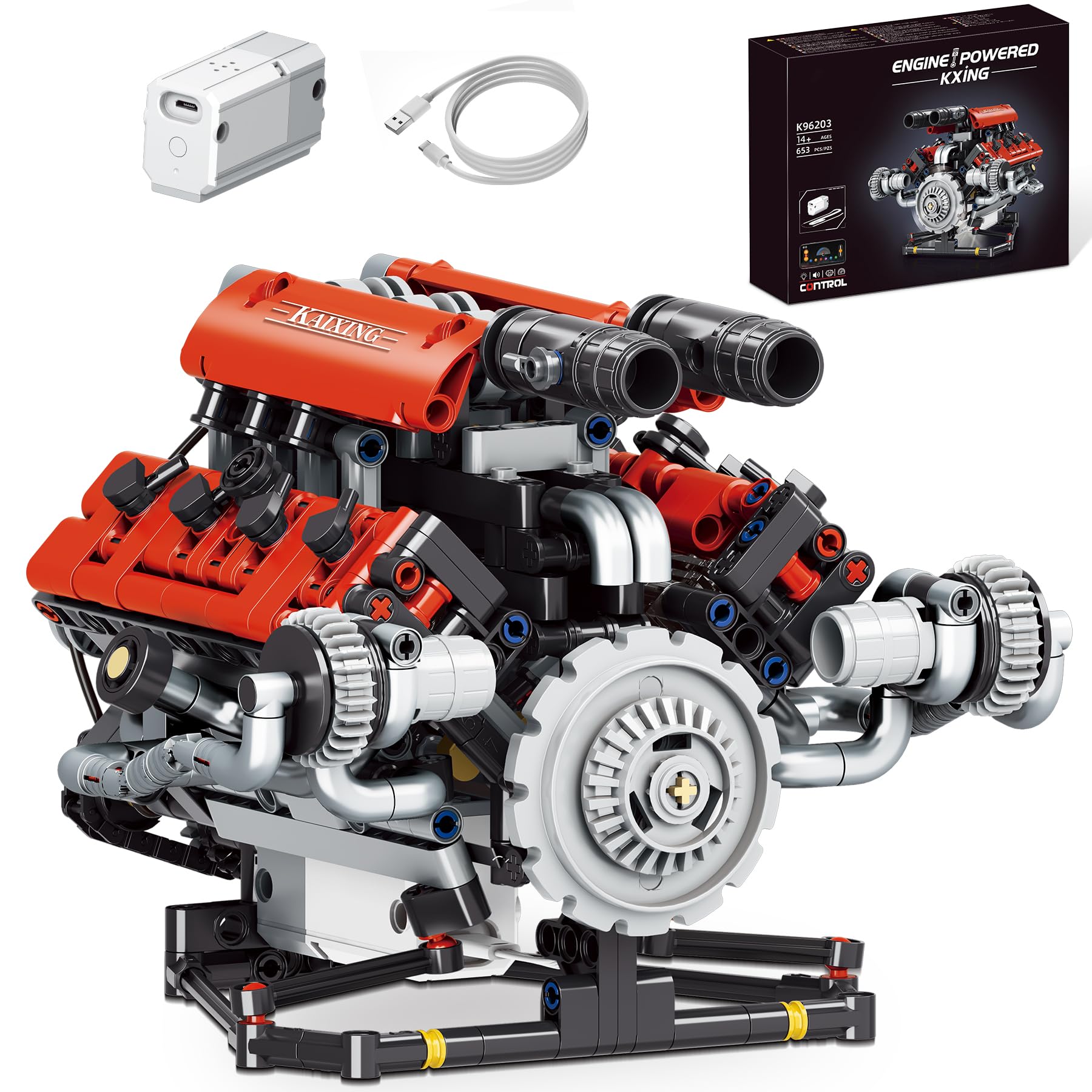 BeepZipp V8 Engine Model Kit Building Blocks, 653PCS Building Toys for Adults Teens, Motorized Model with Lights STEM Construction Engineering Toy, DIY Project Ideal Gift for Men