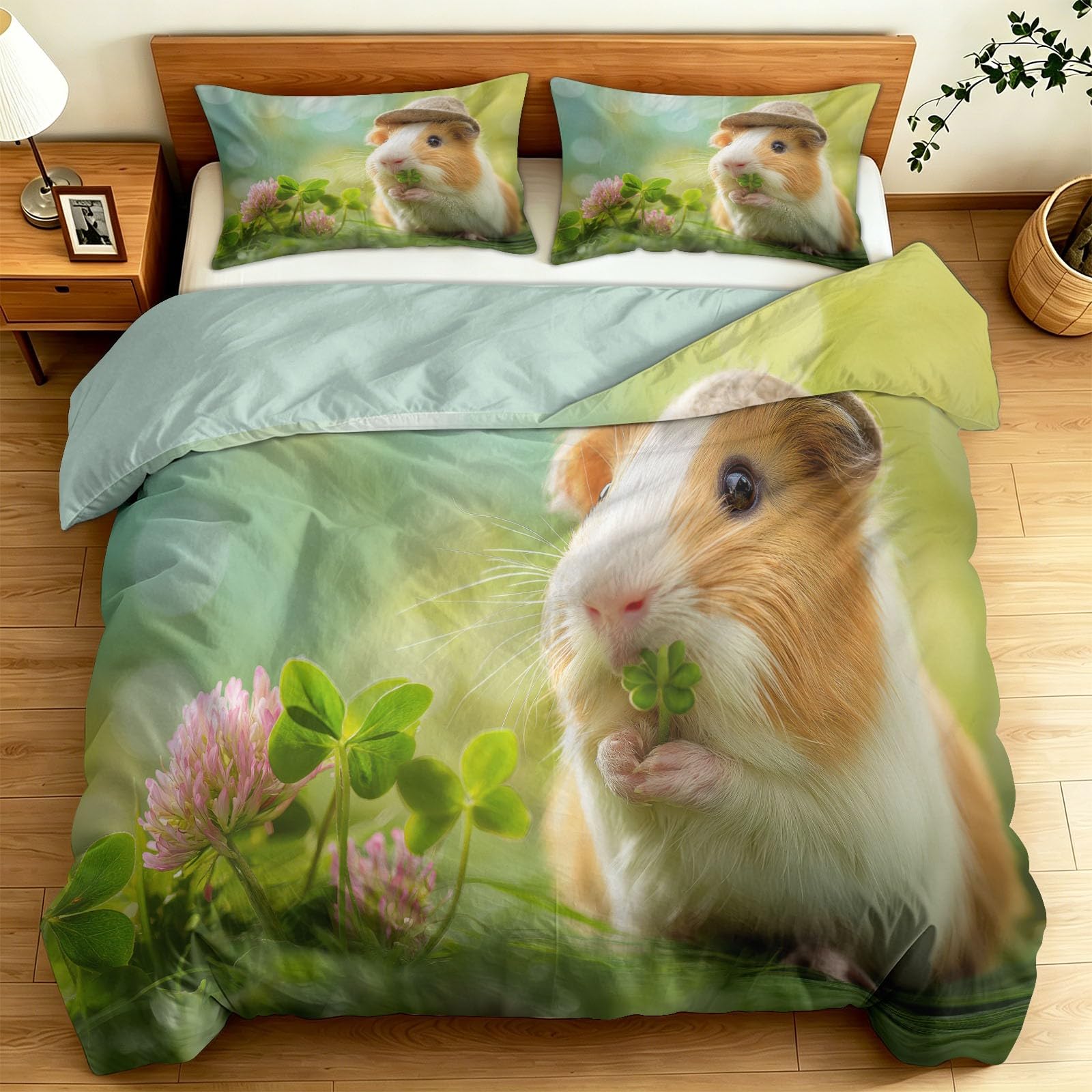 Miętowa zielona poszewka na kołdrę 230 x 220 cm, miękka szczotkowana mikrofibra, urocze poszewki na kołdrę dla zwierząt domowych z 2 poszewkami na poduszki, urocza mini koniczyna, zwierzę, świnka