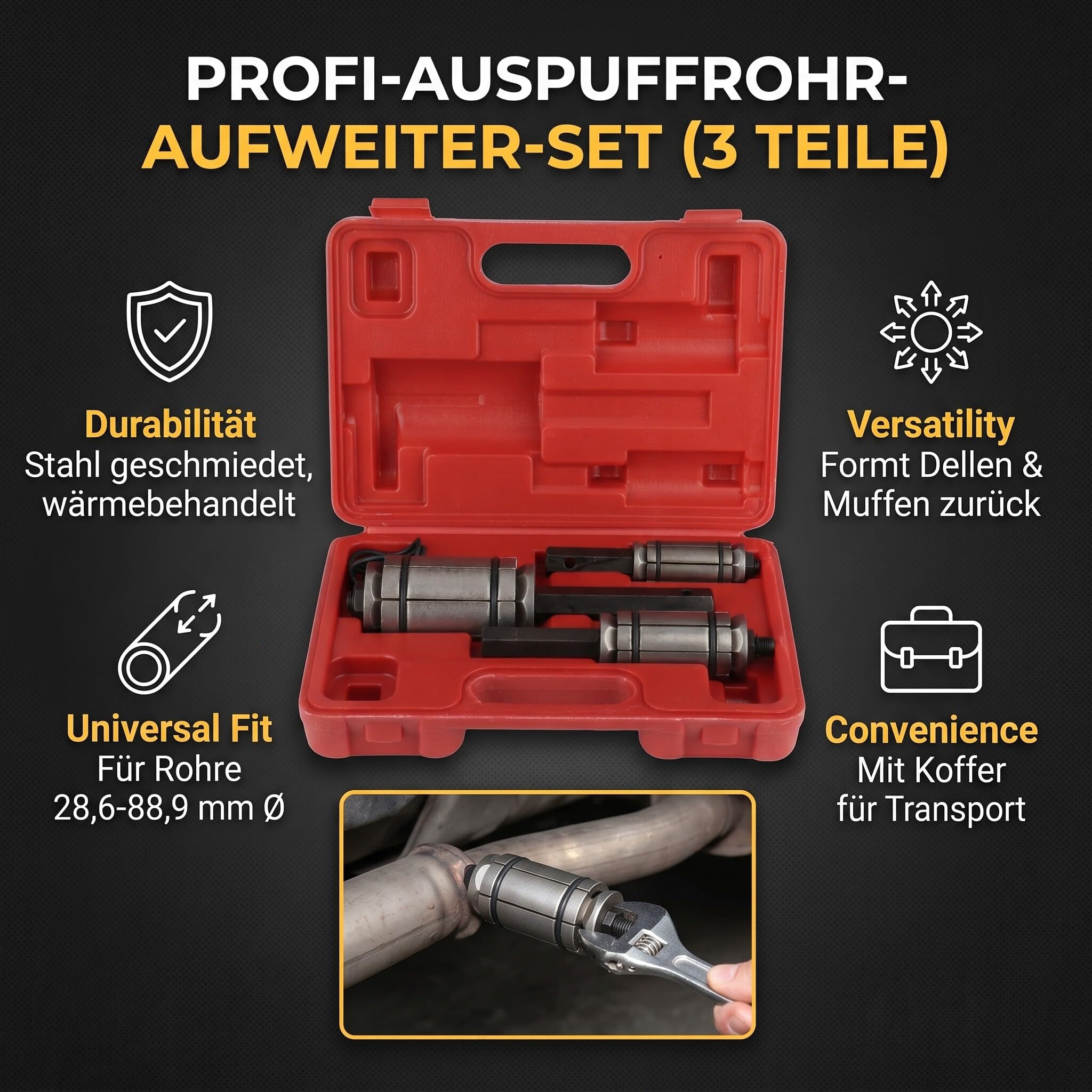 Rohrspreizer Set 3-teilig, Auspuff Endrohr Expander, Rohrausweiter für Schalldämpfer, Werkzeugset für Rohrmontage