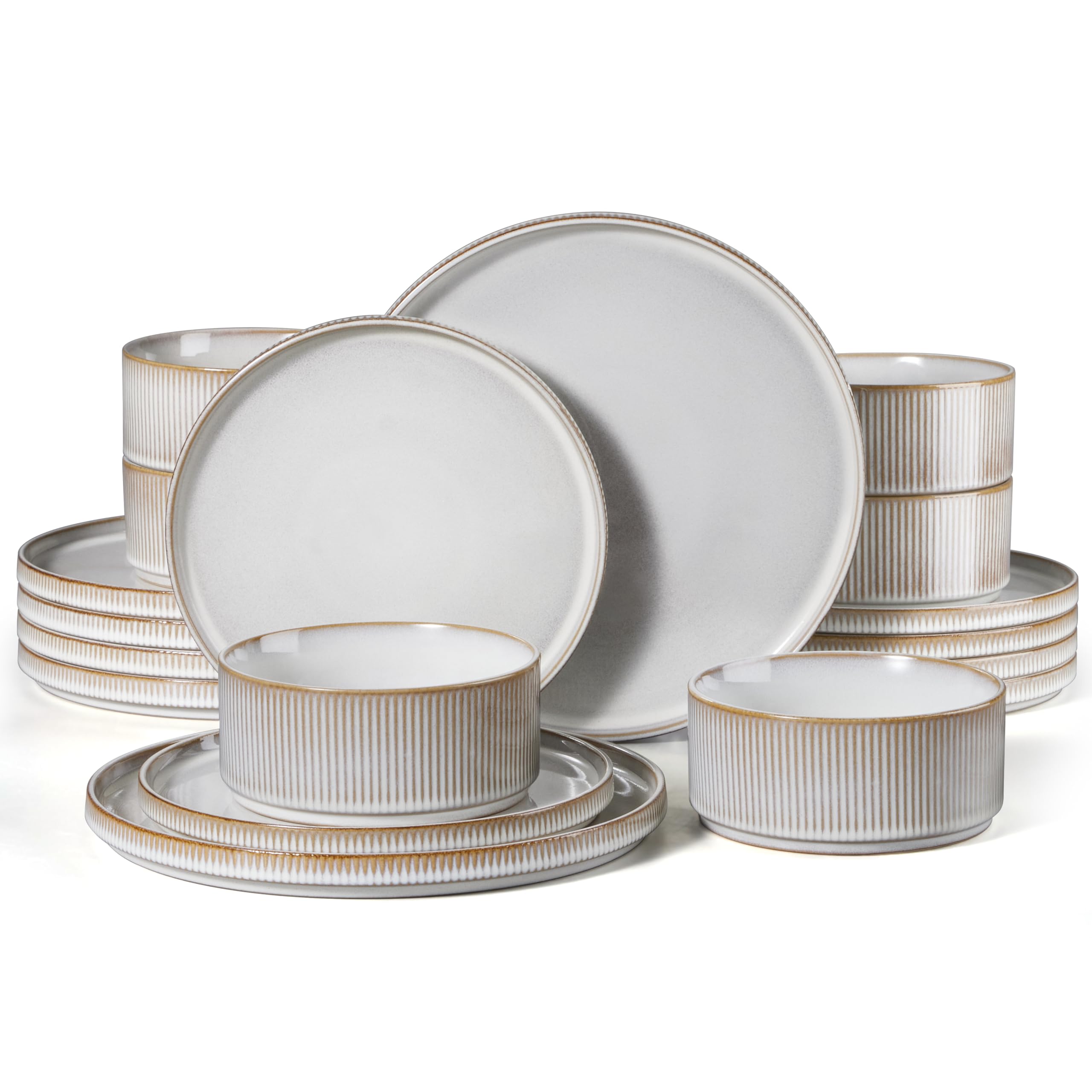 HaWare Dinner Set, 18 PCS Stoneware Plates and Bowls Set, Creamy Beige