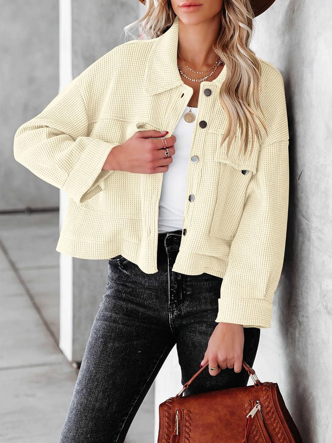 BZB Womens Waffle Knit Shacket Jackets Lightweight Cropped Shacket Long Sleeve Button Down Shirts - Image 3