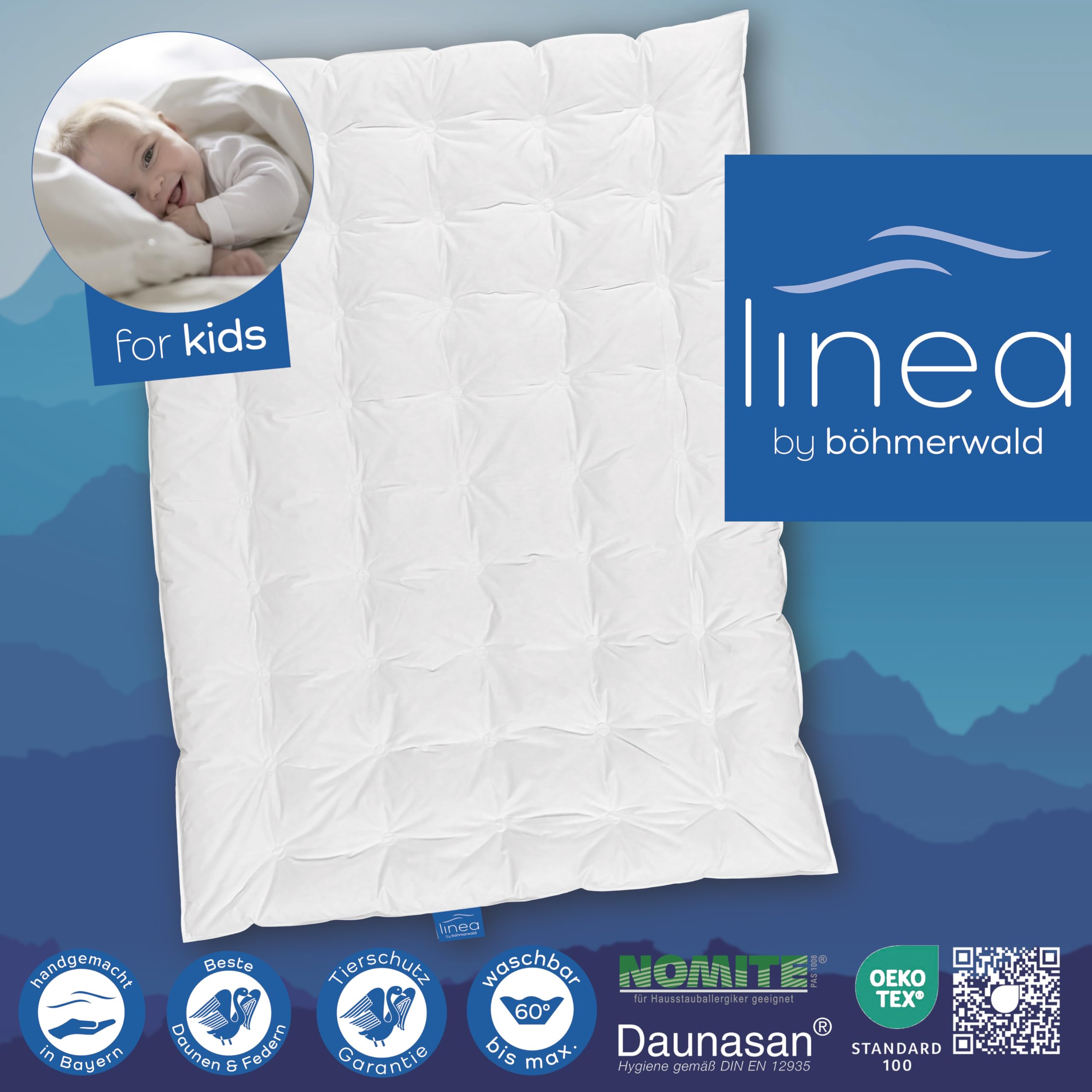 LINEA by Böhmerwald - Kids - Piumone, pesantezza Normale, 90% piumino/10% Piuma di Classe 1, 300 g, Anallergico, Lavabile Fino a 60 °C, Prodotto in Germania, 100 x 135 cm