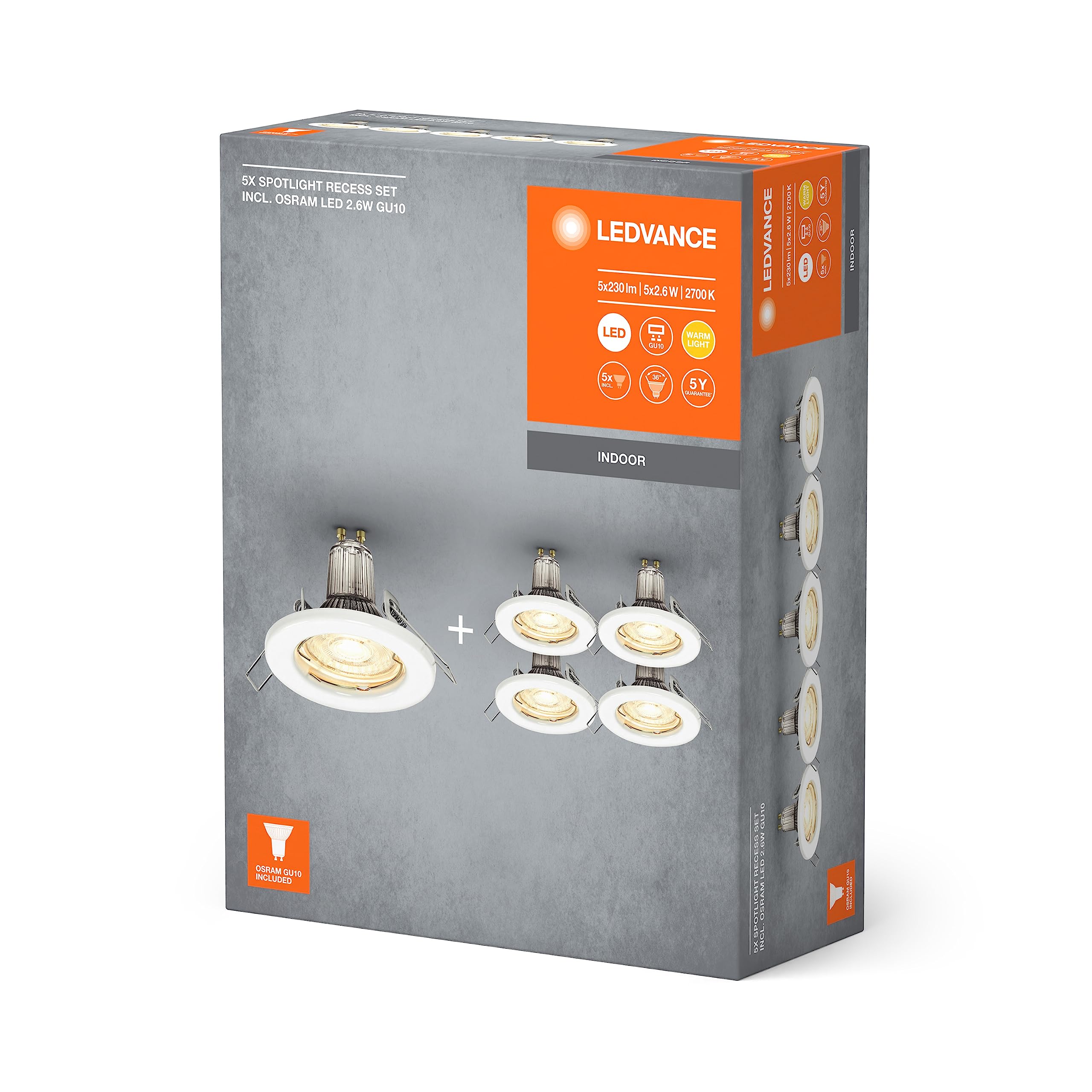 LEDVANCE Subsiders de Spot en un paquete 5, incluidas 5X lámparas de GU10 (5X 2.6W), blanco, carcasa metálica, protección IP20