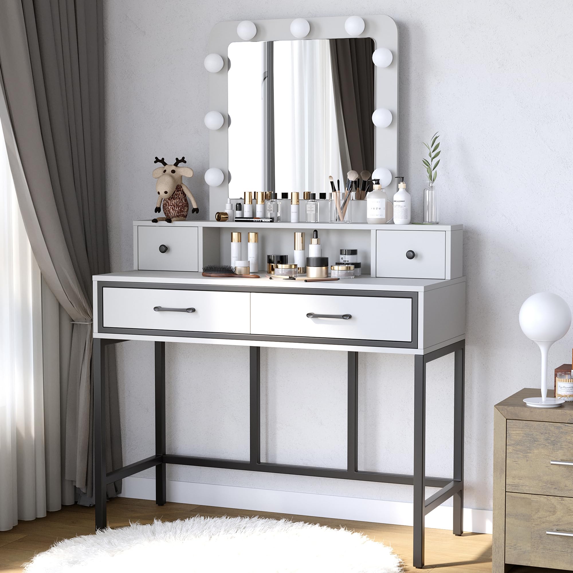 RoyalCraft Vanity Desk with Mirror and Lights, Makeup Vanity with 3 Color Dimmable Lighted Hollywood Mirror, White Makeup Table with 4 Drawers, Large Dressing Table for Women Girls
