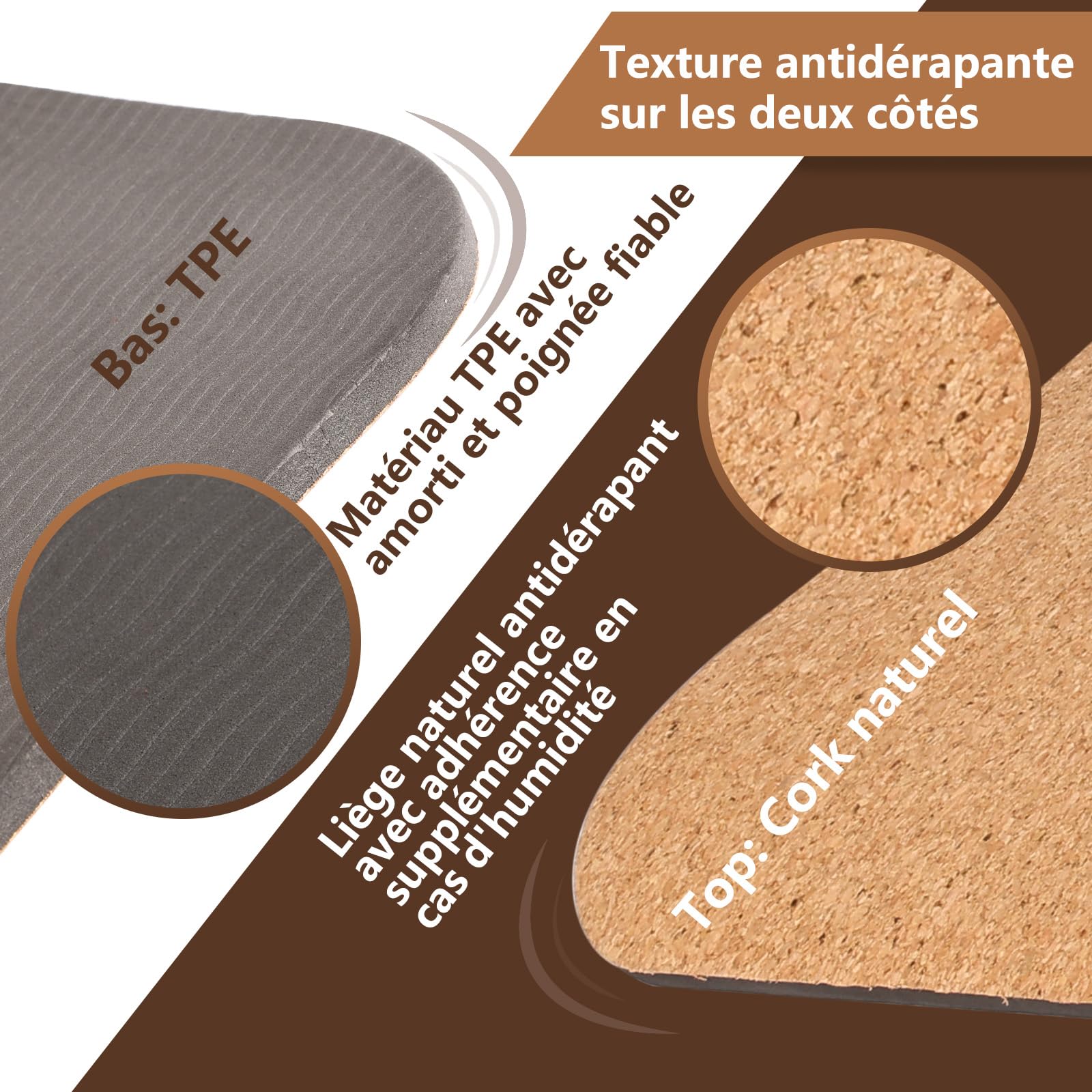DH FitLife Tapis de yoga en liège et TPE, mat 183 x 61 x 0,6 cm, tapis de fitness, antidérapant et respectueux de l'environnement, tapis de sport naturel autonettoyant
