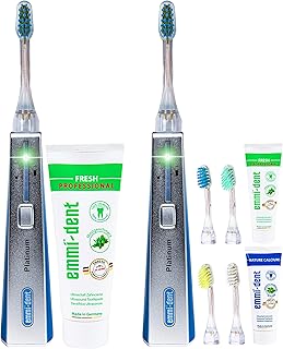 emmi-dent Ultraschallzahnbürste mit 96 Mio. Schwingungen – Elektrische Zahnbürste ohne Schrubben – Sanft für empfindliche Zähne & Zahnfleisch – Erwachsene & Kinder ab 6 Jahren - Platinum Carbon+Blau