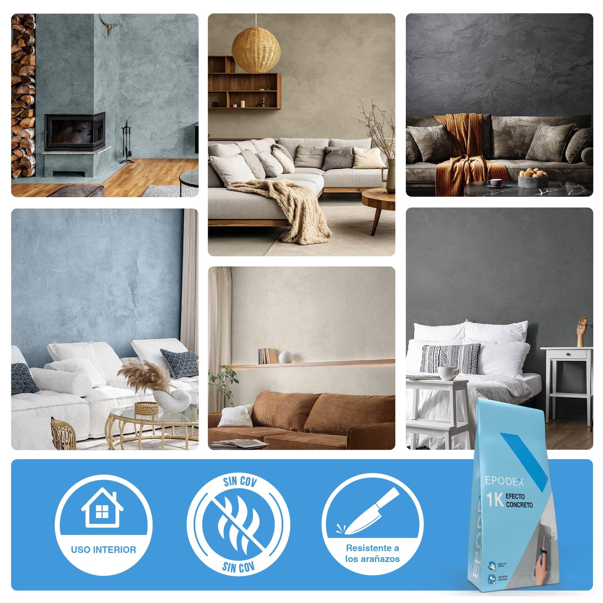 EPODEX CONCRETE EFFECT Estuco efecto cemento - Iron Grey | Revoco estructurado para paredes, azulejos & más - Interior & Exterior - 5 kg (5 m² - capa de 1 mm)