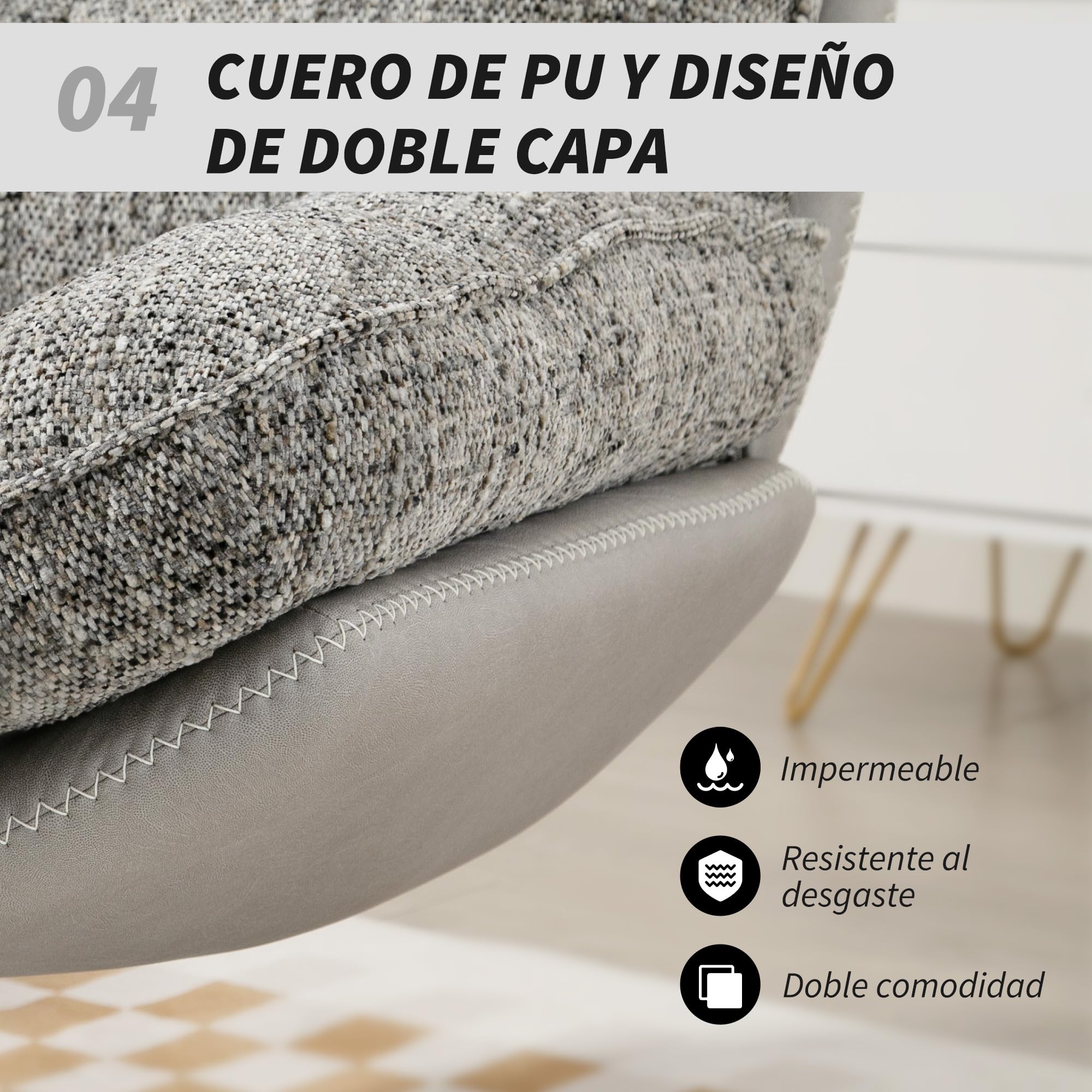 HOMCOM Sillón Giratorio Moderno, Butaca de Salón con Base Cruz, Tapizado en Chenilla y Cuero PU, Asiento Ancho Doble, Patas de Acero y Reposabrazos, Sillón Relax para Sala de Estar, Dormitorio, Gris