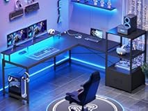 L Shaped Gaming Desk&comma; 51" Computer Desk with Storage Shelves&comma; Gamer Desk with Power Outlets & LED Lights&comma; Fabric Drawer&comma; Monitor Stand and Hooks&comma; Black