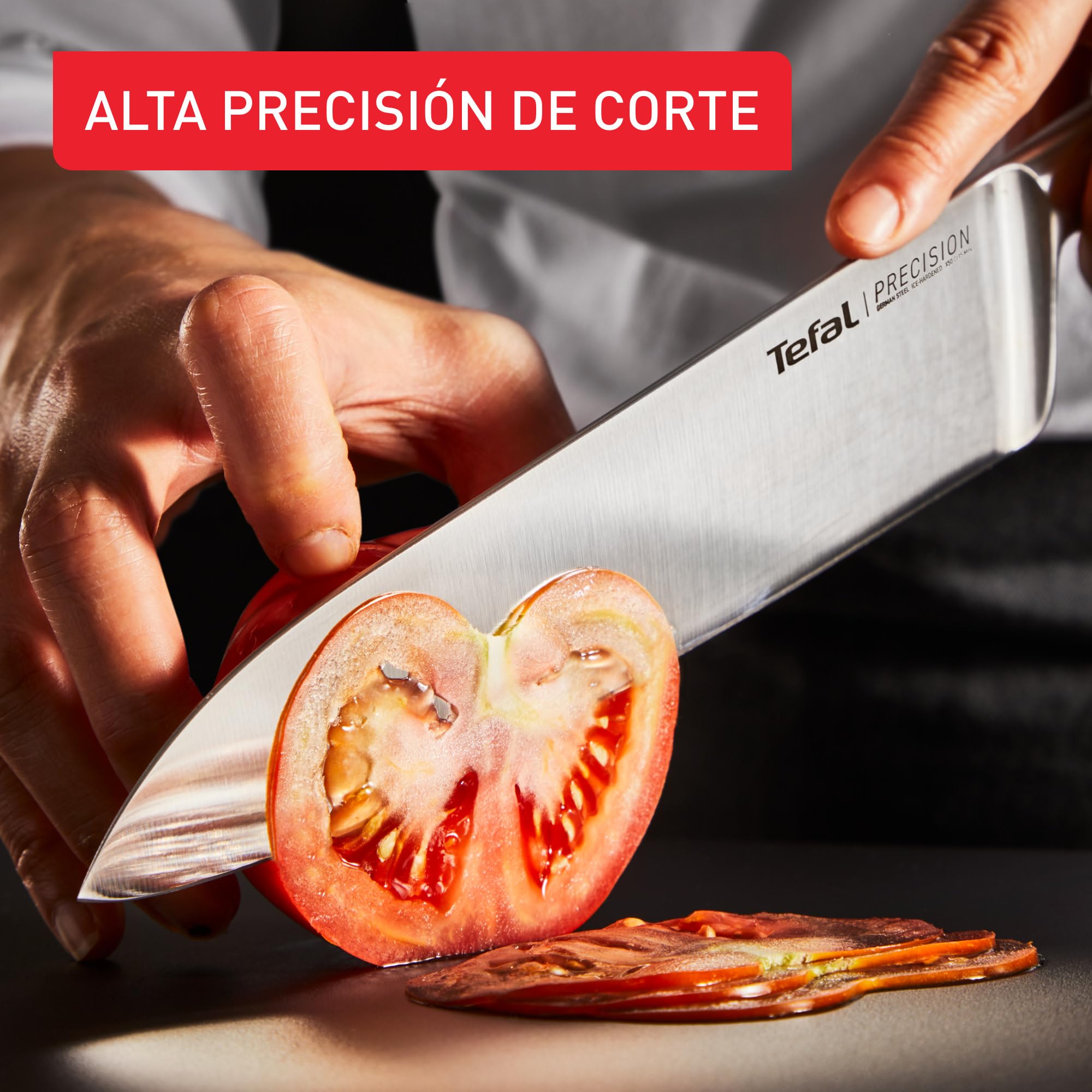 Tefal Precision, Juego de 3 Cuchillos de Cocina, Chef 20 cm, Multiusos 12 cm, Pelador 9 cm, Corte preciso, Afilado óptimo y duradero, Acero inoxidable alemán, Mango ergonómico antideslizante, K289S334
