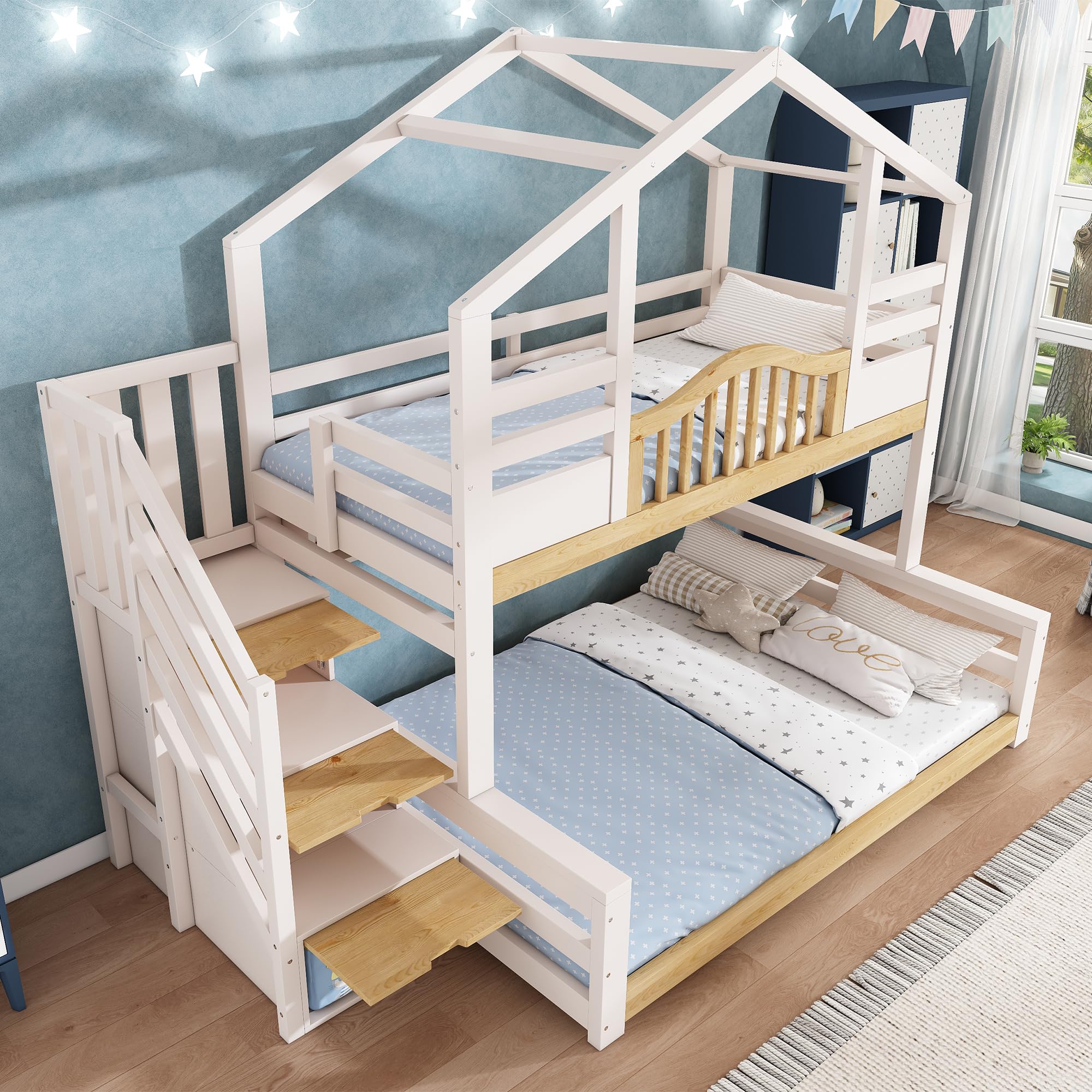 Hochbett Etagenbett 90x200cm&140x200cm mit Treppenschrank, Kinder Hausbett mit Dach und Geländer, unteres Bett mit drei offene Regale, Kinderbett für 2 Kinder, Massivholz (Weiß&Natur, 90/140 x 200 cm)