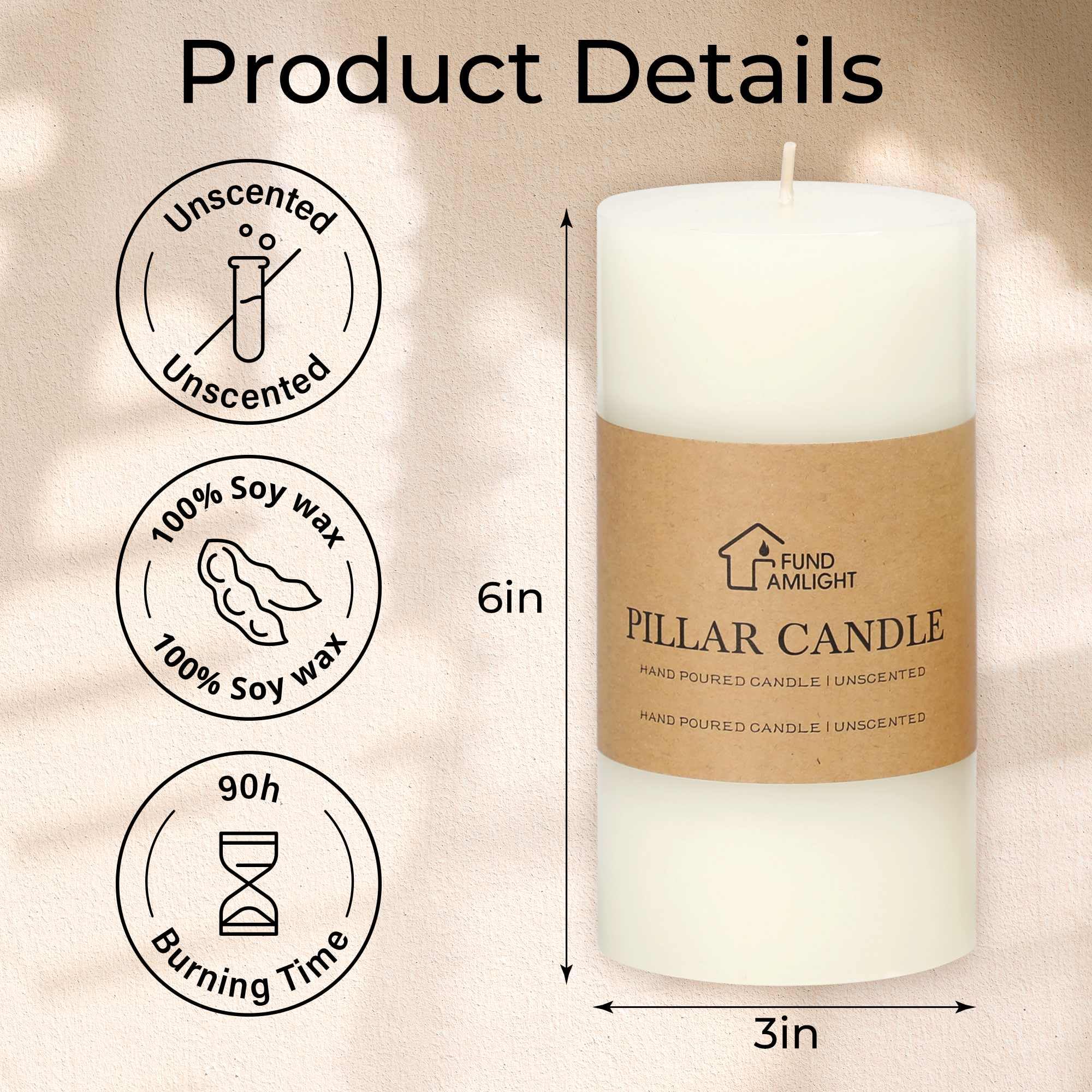 Set di 3 candele a pilastro 3 x 6, candele non profumate, candele a lunga durata, antigoccia, per decorazioni domestiche (bianco)
