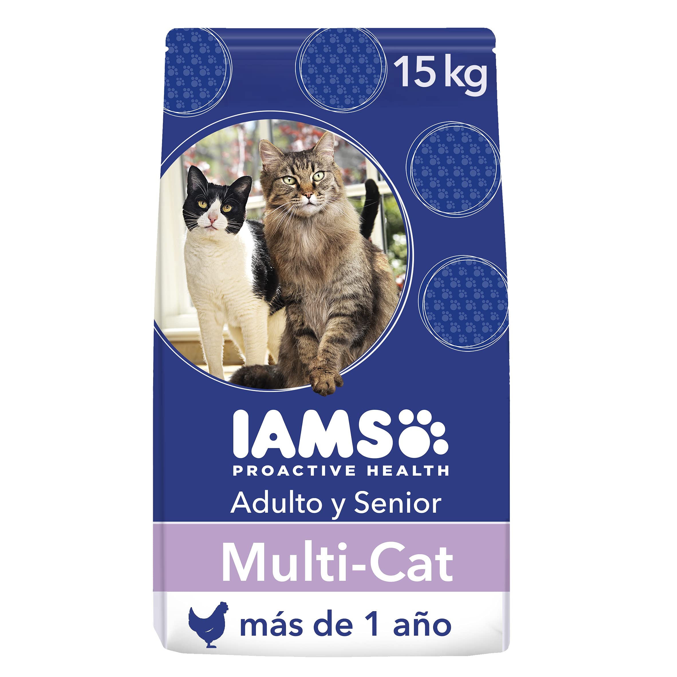 IAMS ProActive Health Comida para gatos adultos y senior, para hogares con varios gatos, con salmón y pollo, 15 kg