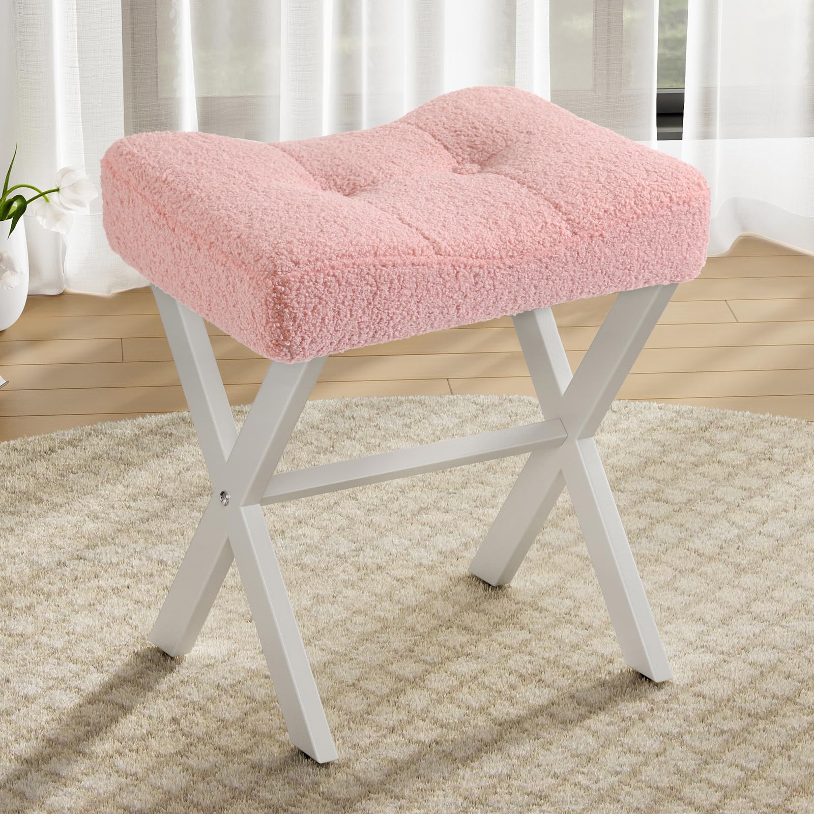 Memobarco 18-Inch Vanity Stool Chair, Vanity Bench with Metal X-Legs, Ottoman Accent Stool with Breathable and Soft Boucle Fabric Saddle Seat, Pink