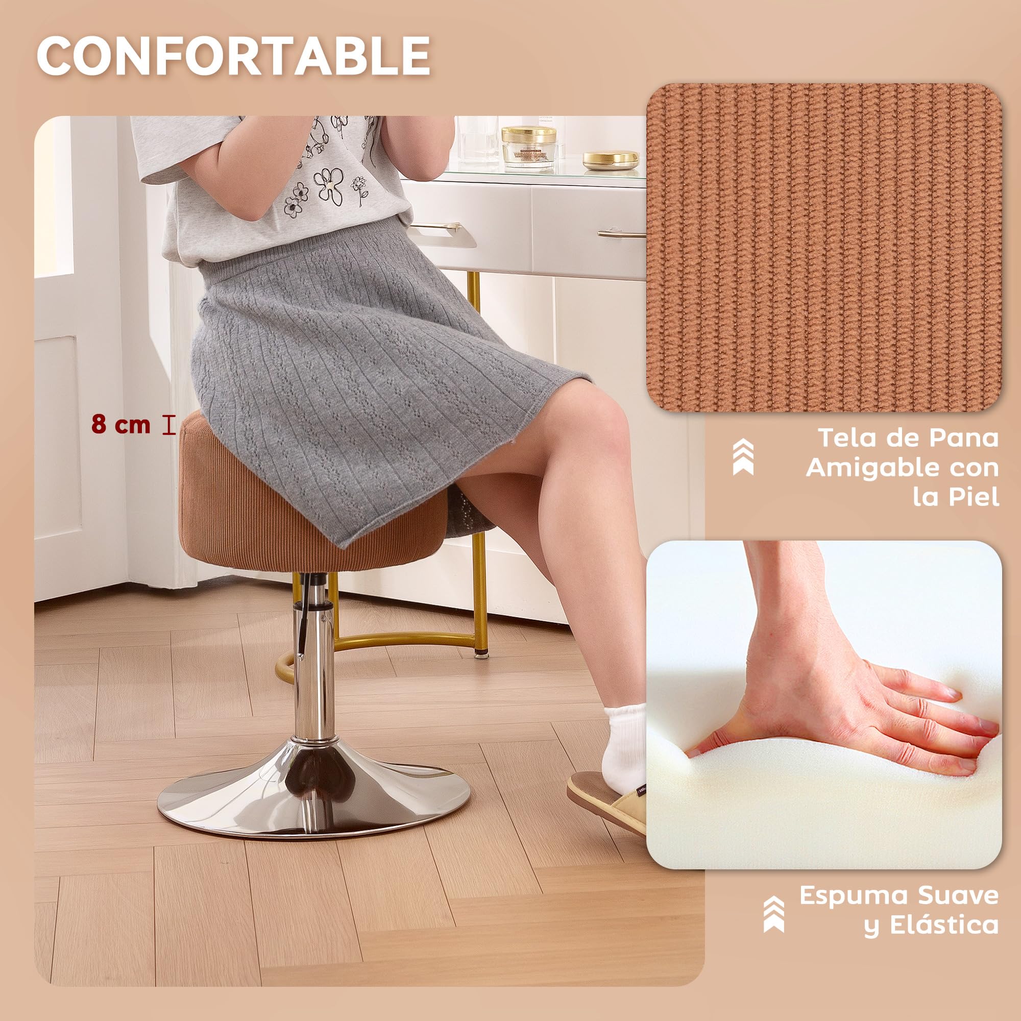 HOMCOM Taburete de Bar Taburete Giratorio Regulable en Altura 52-66 cm Tapizado en Pana Giratorio en 360° Silla Alta para Cocina Comedor Tocador Mostrador Marrón
