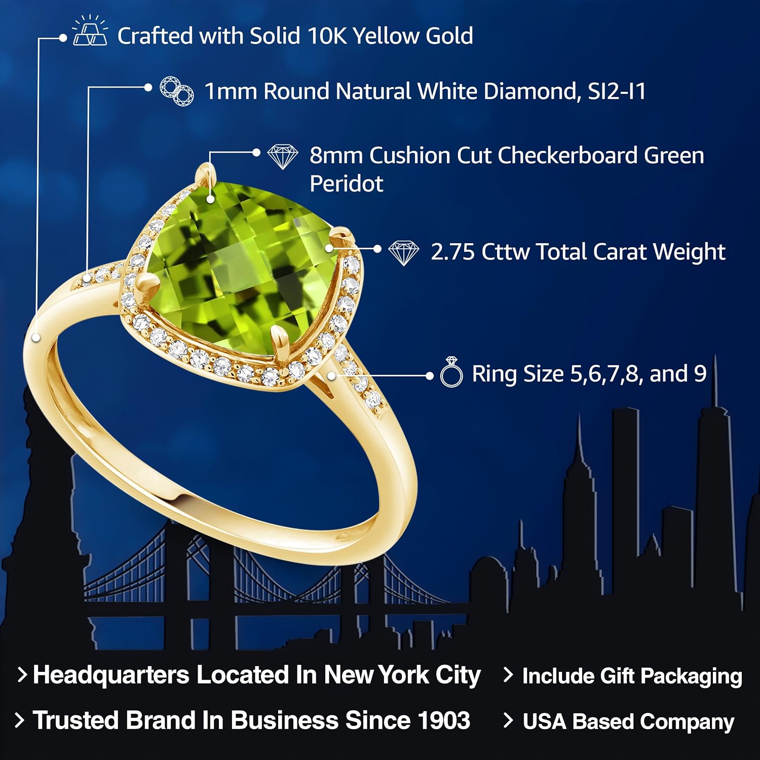 Gem Stone King 10K Yellow Gold Green Peridot and White Diamond Halo Engagement Ring for Women | 2.75 Cttw | Cushion Checkerboard 8MM | Wedding Anniversary Promise Ring