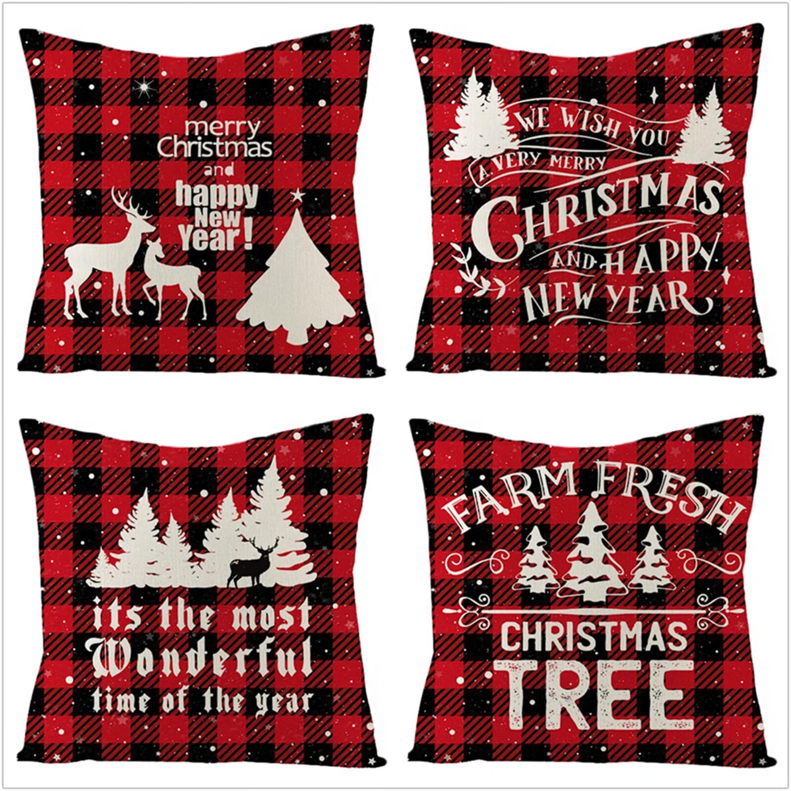 Fundas Cojines 70x70cm,Juego de 4 Fundas de Cojines Modernas Terciopelo Decorativa Hogar Almohadas Fundas para Sala Sofá Cama Decoración para Hogar Navidad a Cuadros Rojos