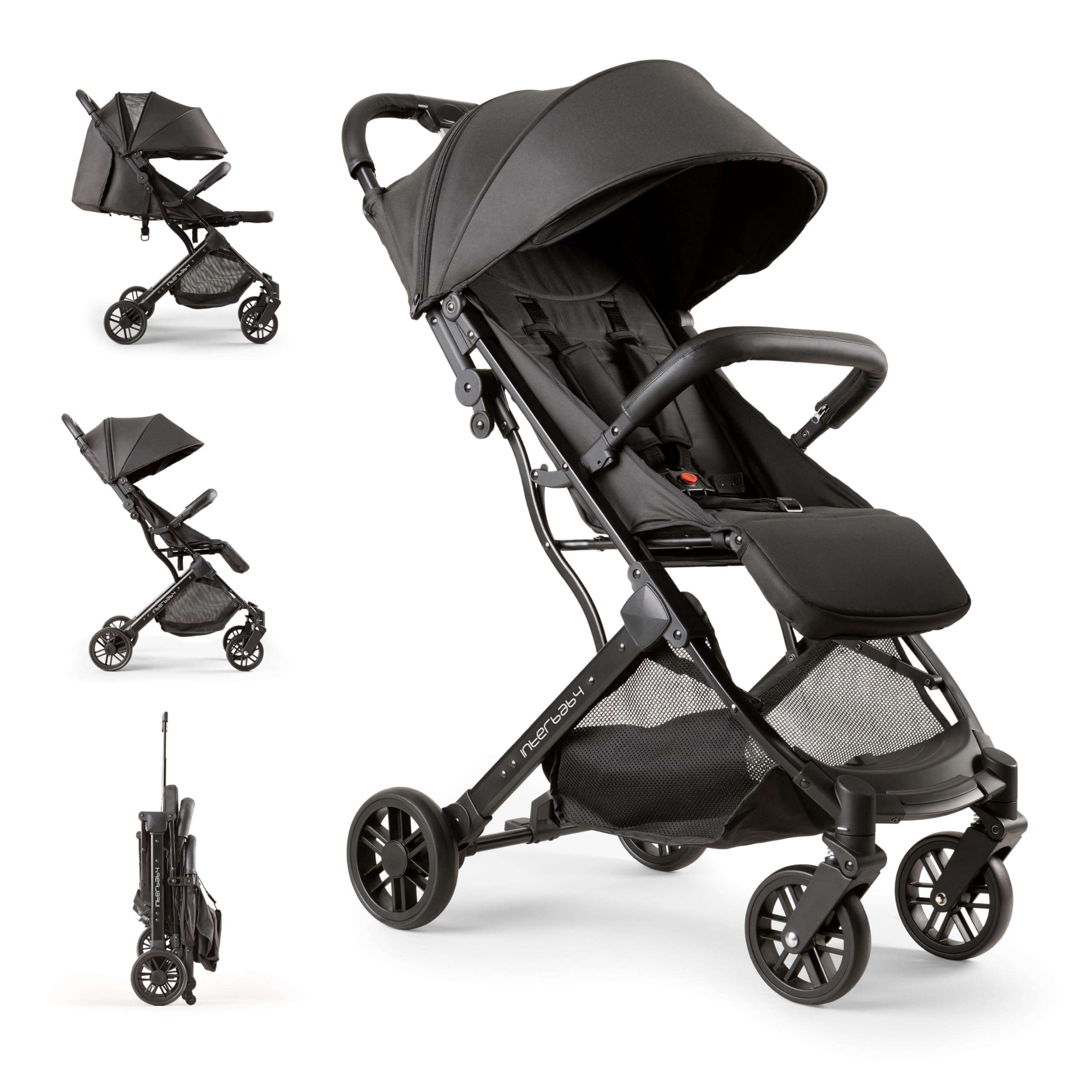 Interbaby Reisebuggy klein bis 22 kg Handgepäck, Liegefunktion (Schwarz) | Reisebuggy Einhand-Faltsystem, Flugzeug Handgepäck, XXL Verdeck UV50+, Liegefunktion, 4-Rad-Federung, ab Geburt