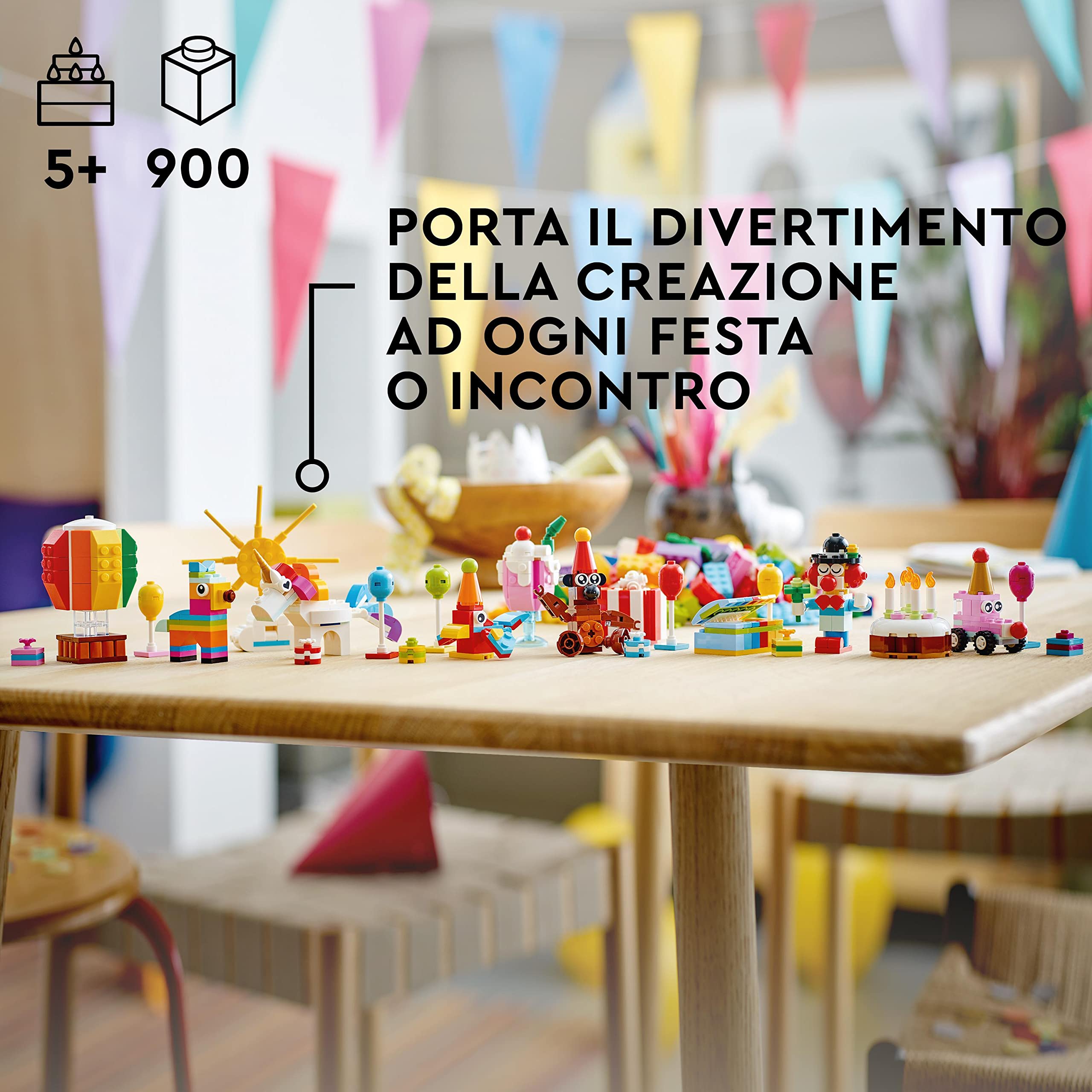 LEGO Classic Party Box Creativa, Animali Giocattolo per Bambini e Bambine, Giochi da Condividere in Famiglia con 12 Mini-Costruzioni: Orsacchiotto, Clown e Unicorno 11029