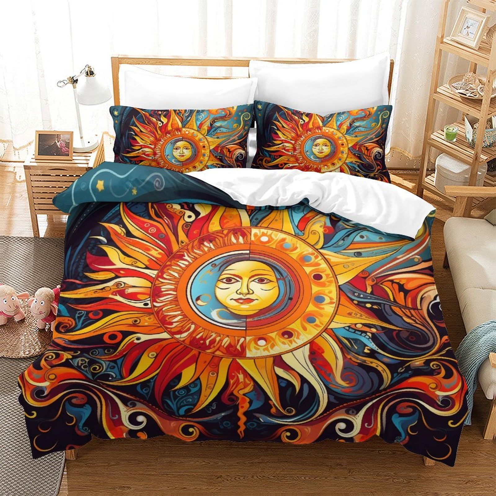 Parure de lit 200x200 cm en microfibre douce avec motif soleil 3D