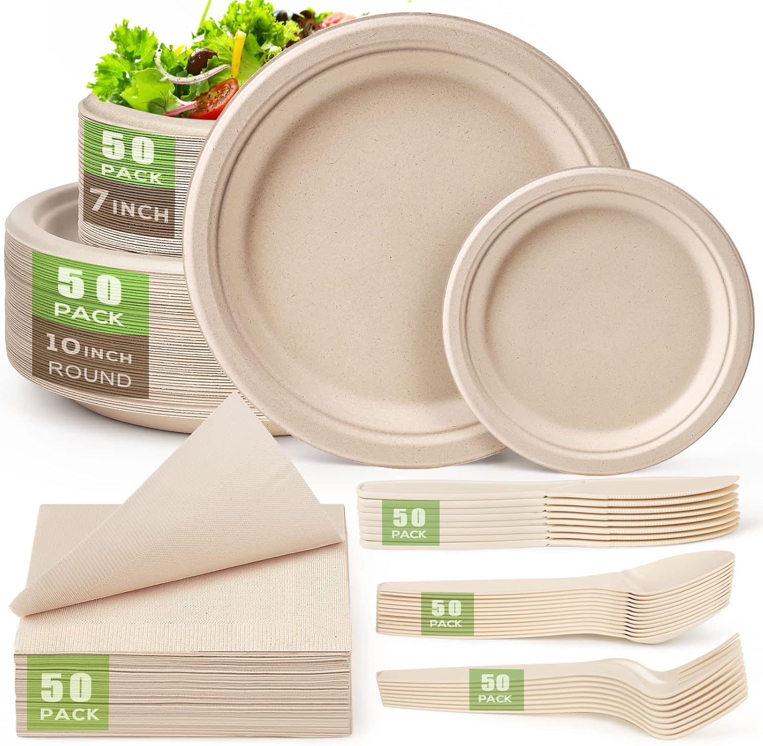 Gezond Compostable Paper Plates Set 300 Pieces Disposable Plates 10-inch Eco-friendly Paper Plates Heavy-duty Utensils and Napkins for Party, Made From Sugarcane Pulp