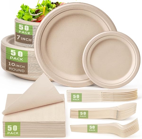Gezond Compostable Paper Plates Set 300 Pieces Disposable Plates 10-inch Eco-friendly Paper Plates Heavy-duty Utensils a