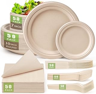 Gezond Compostable Paper Plates Set 300 Pieces Disposable Plates 10-inch Eco-friendly Paper Plates Heavy-duty Utensils and Napkins for Party, Made From Sugarcane Pulp