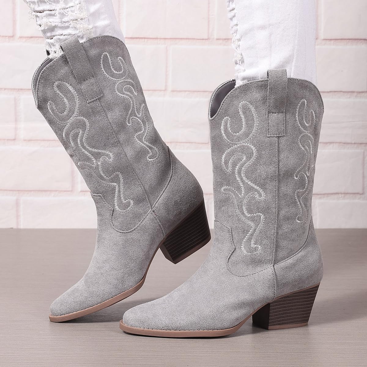 Cowboy Boots for Women Cowgirl Mid Calf Western Style Embroidery Stitched Low Chunky Heel Ladies Fashion Boots, US Size 5-11 - Image 2