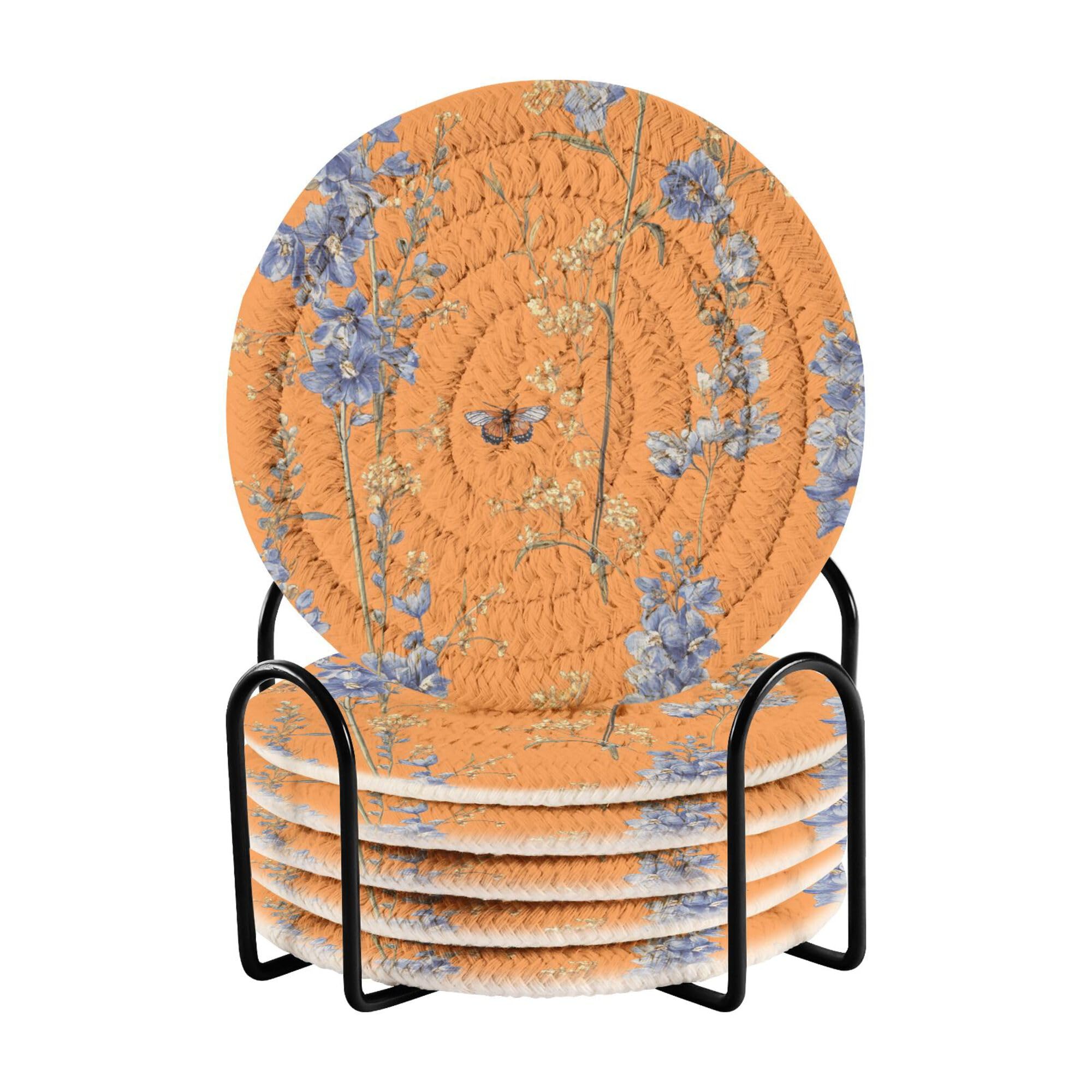 Nature Delphinium Orange Cotton Rope Coasters Absorbant Set of 6 with Holder Aesthetic Coasters