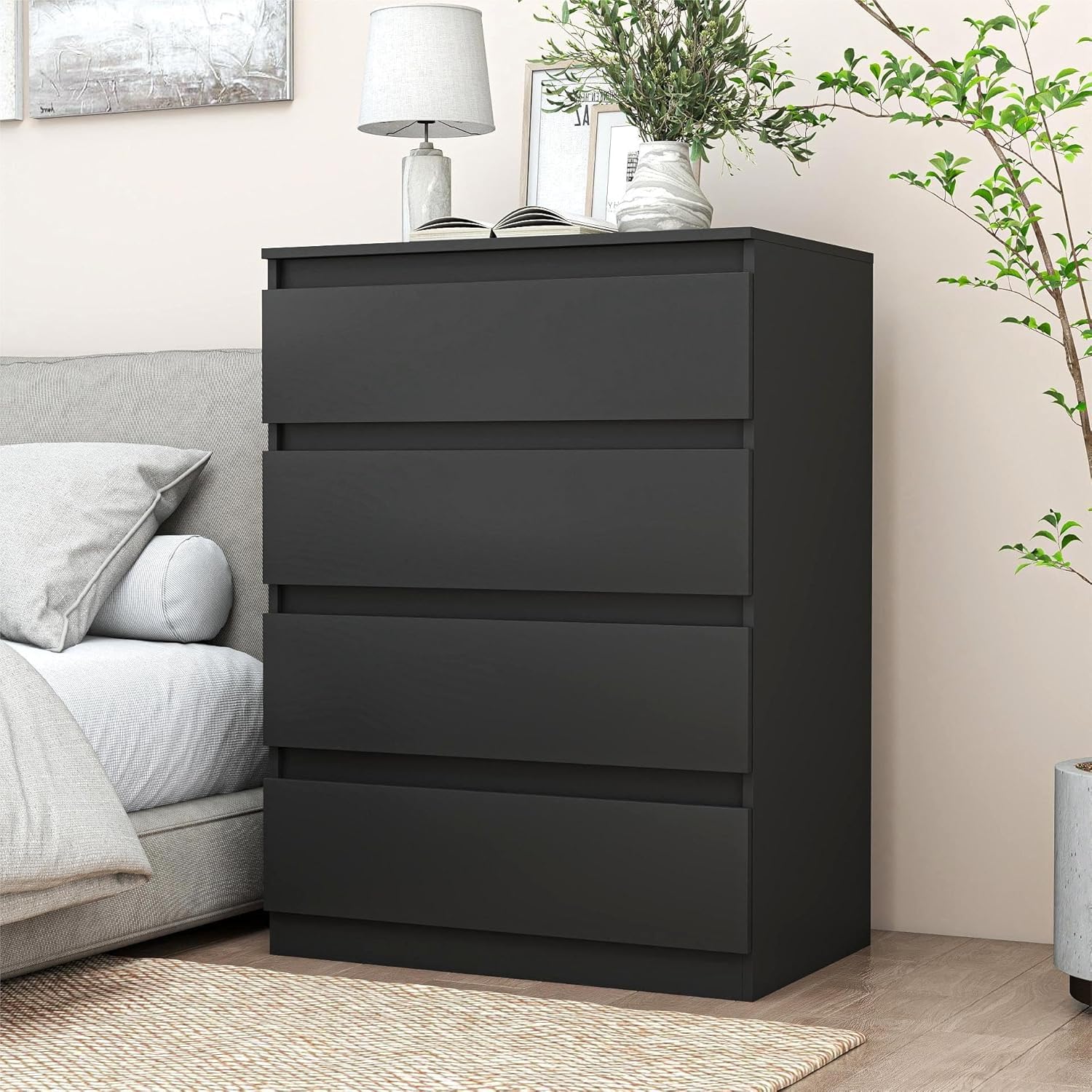 LEADZM Kommode Schlafzimmer Kommode mit 4 Schubladen, Schwarz