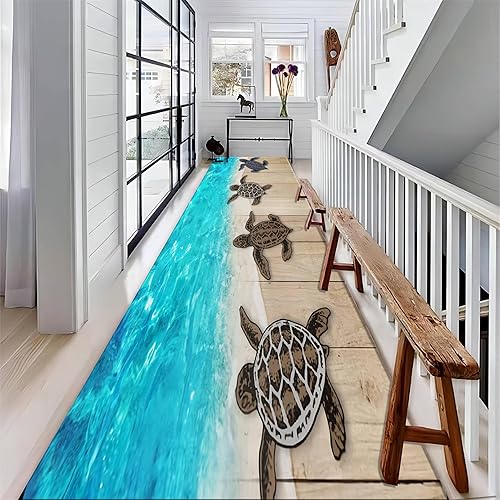 Miniatura 3 de MUOUCTE Bonita alfombra larga de tortuga marina, 2 x 6 pies, alfombra de madera retro para entrada, alfombra suave antideslizante sin arrugas para