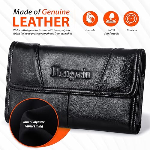 Miniatura 9 de Hengwin Funda vertical negra de piel auténtica con clip para cinturón y funda de cuero horizontal negra con trabilla para cinturón para iPhone 14